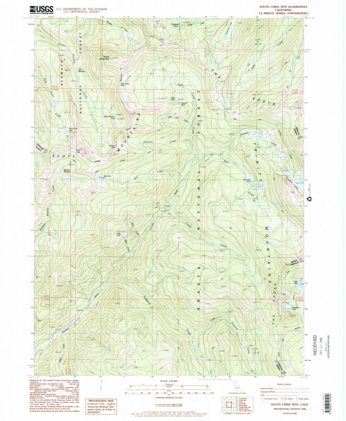 Classic USGS South China Mountain California 7.5'x7.5' Topo Map Image