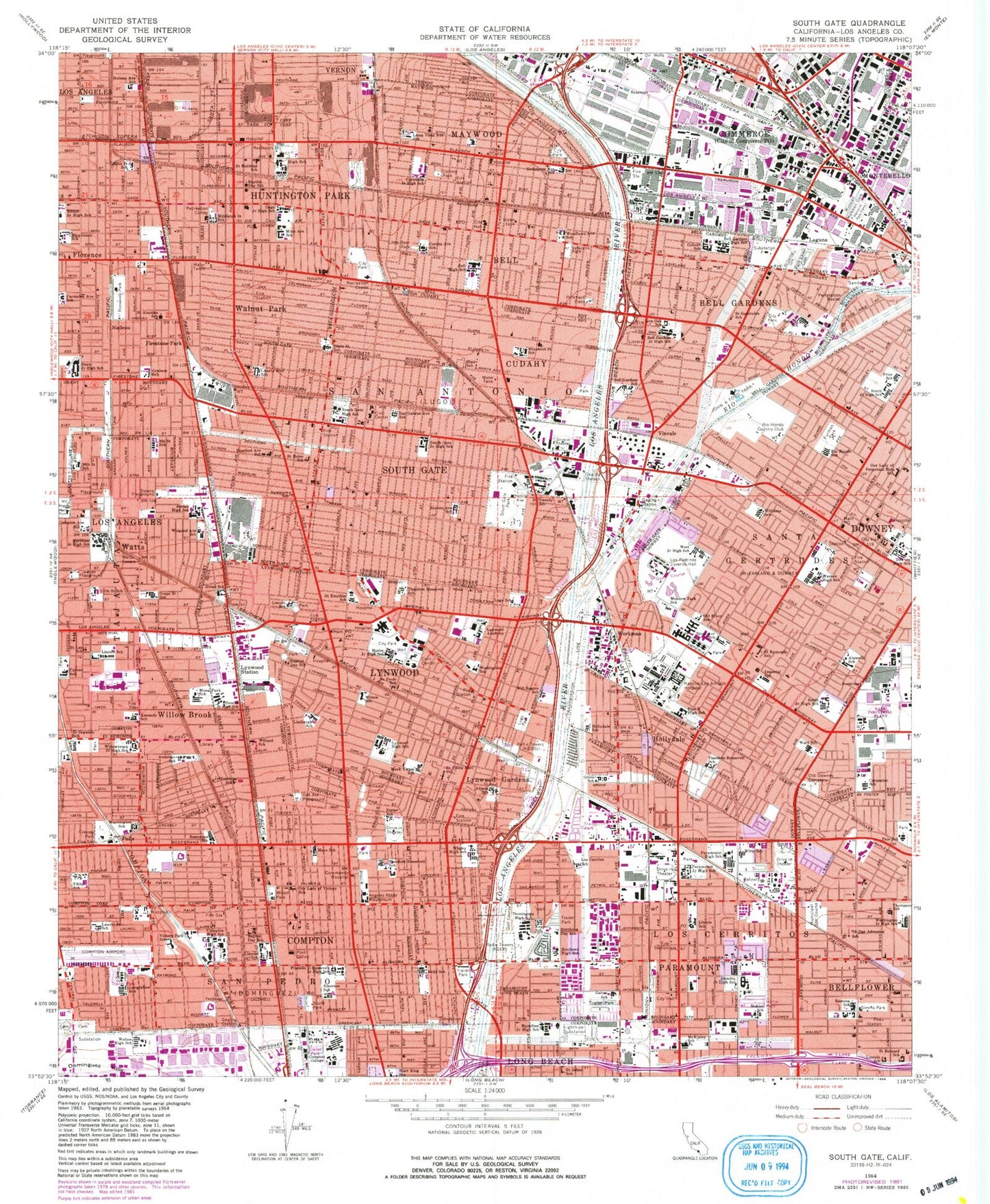 Classic USGS South Gate California 7.5'x7.5' Topo Map Image
