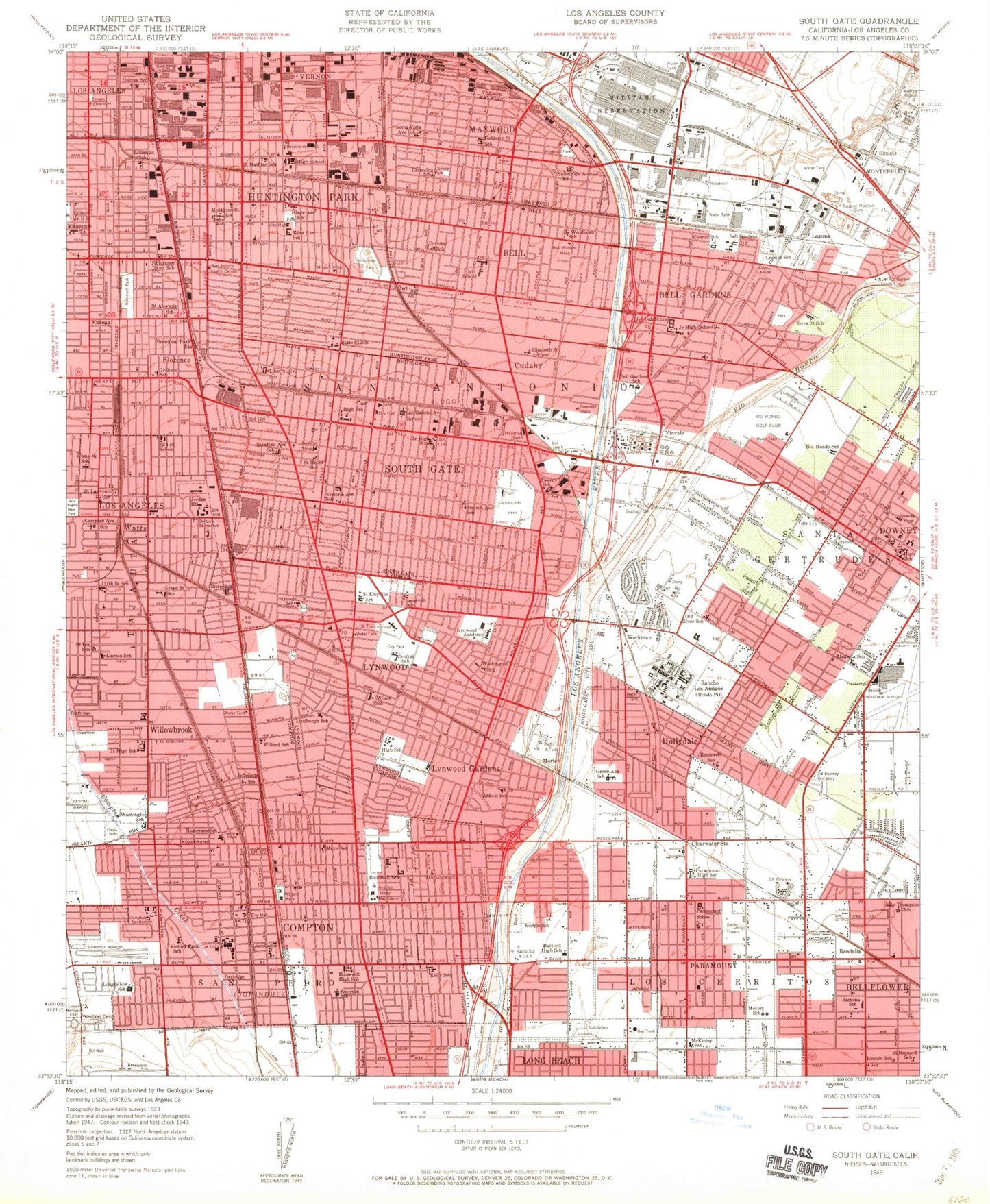 Classic USGS South Gate California 7.5'x7.5' Topo Map Image