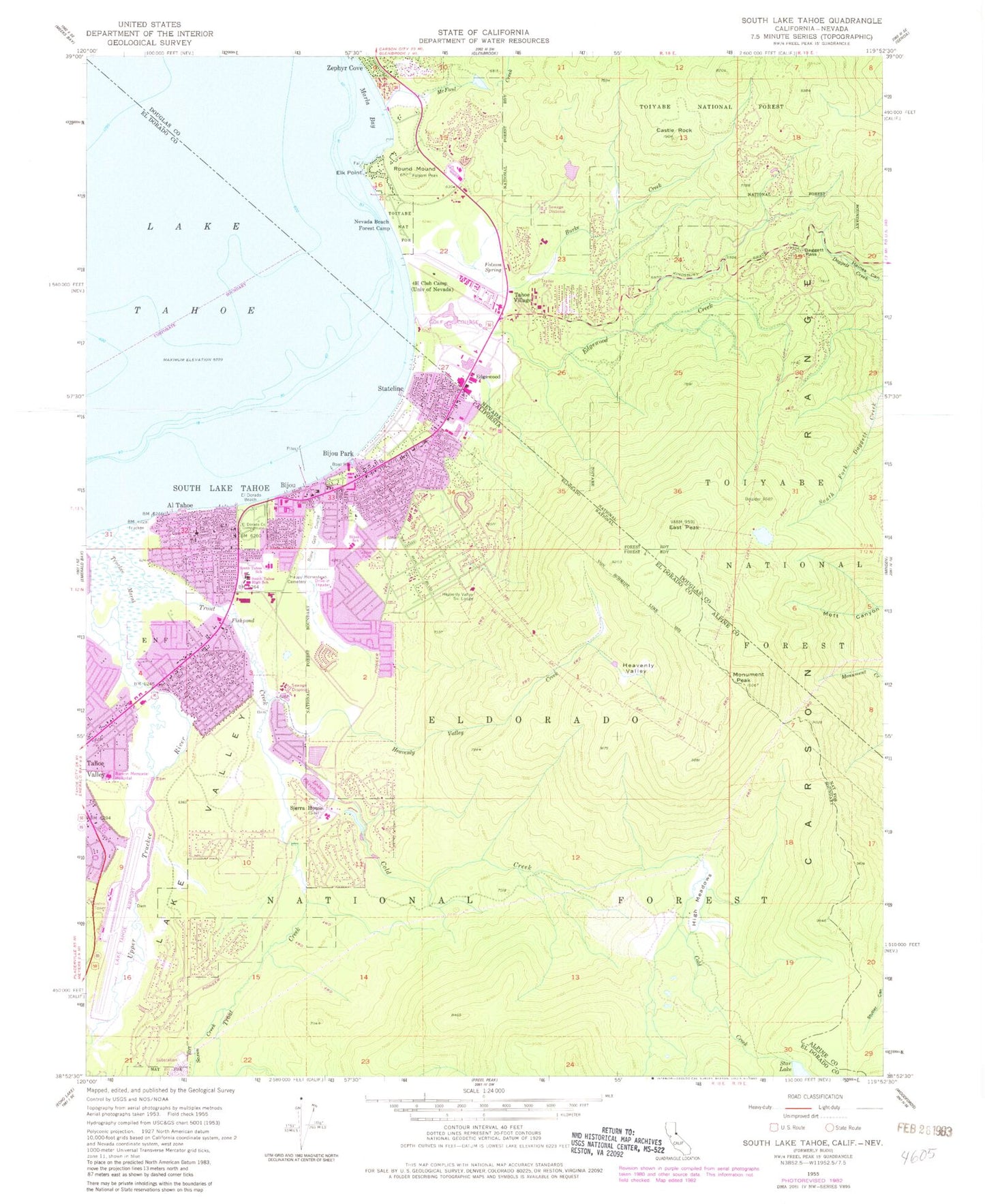 Classic USGS South Lake Tahoe California 7.5'x7.5' Topo Map Image