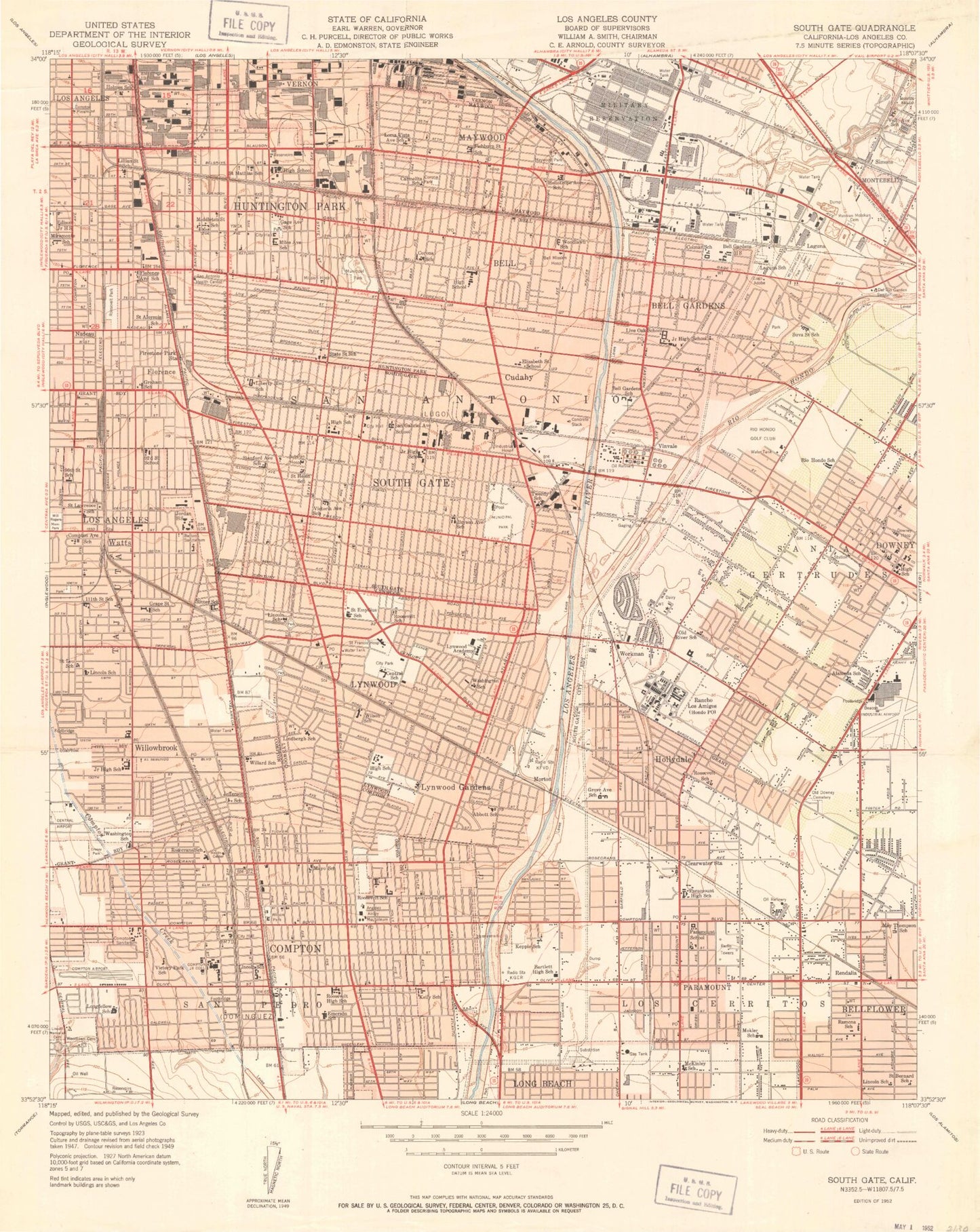 Classic USGS South Gate California 7.5'x7.5' Topo Map Image