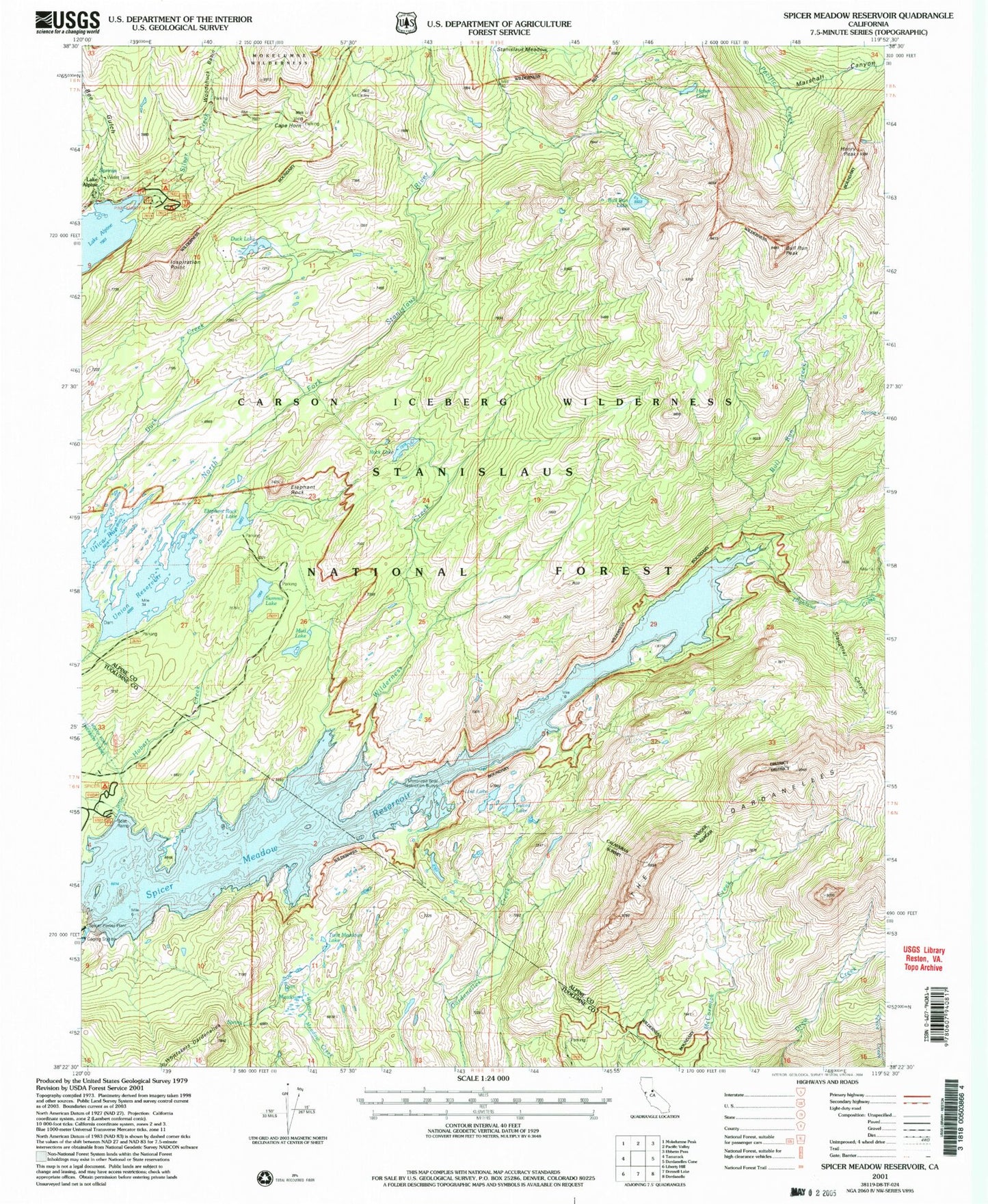USGS Classic Spicer Meadow Reservoir California 7.5'x7.5' Topo Map Image
