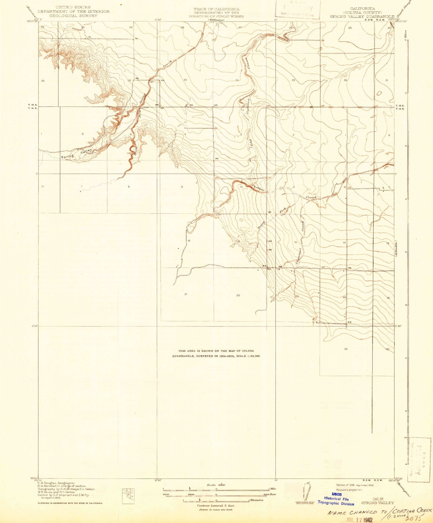 Classic USGS Cortina Creek California 7.5'x7.5' Topo Map Image