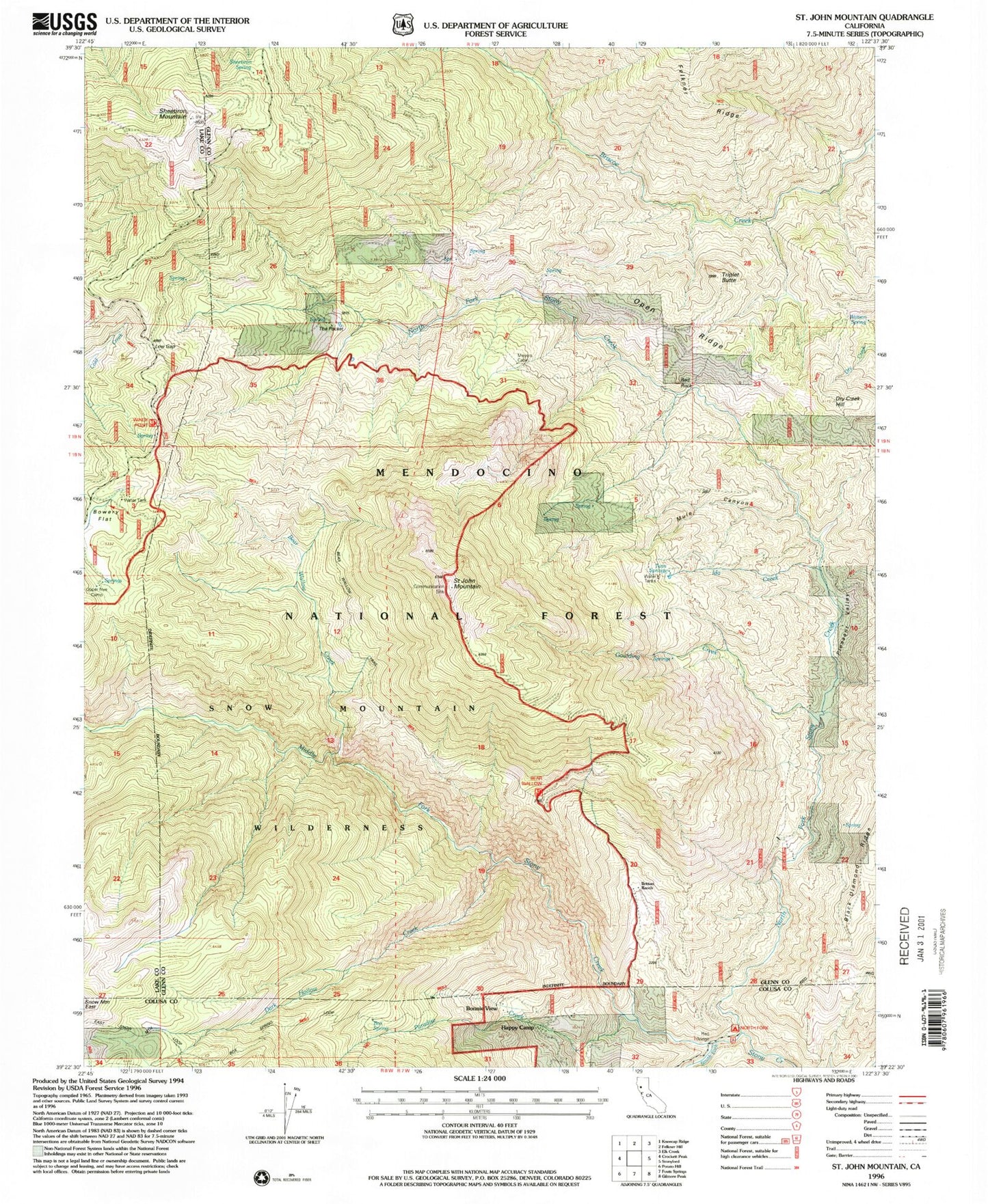 Classic USGS Saint John Mountain California 7.5'x7.5' Topo Map Image