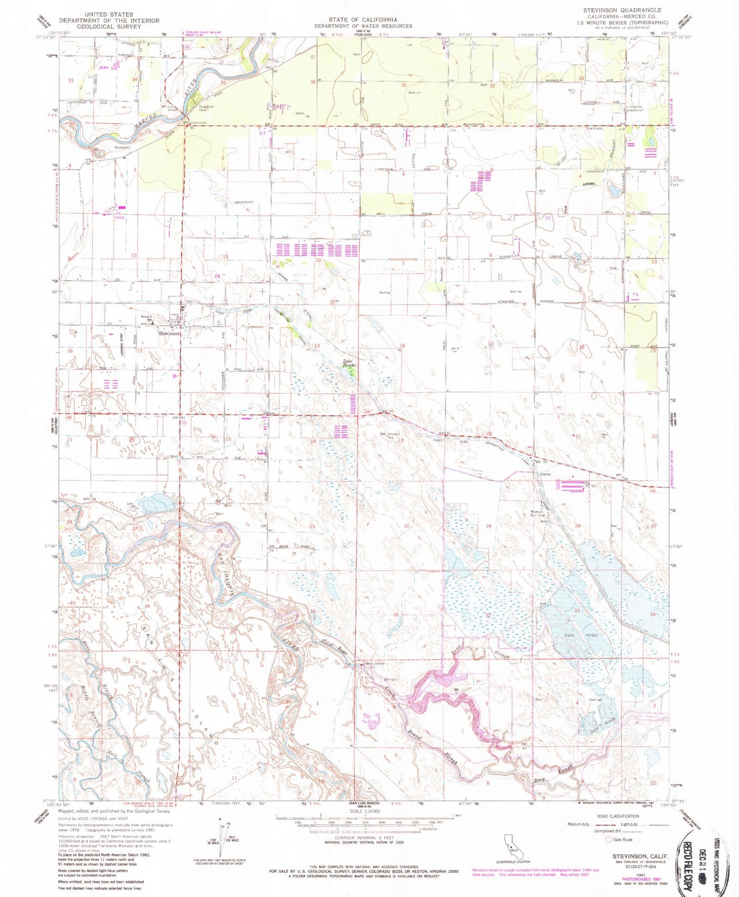 Classic USGS Stevinson California 7.5'x7.5' Topo Map Image