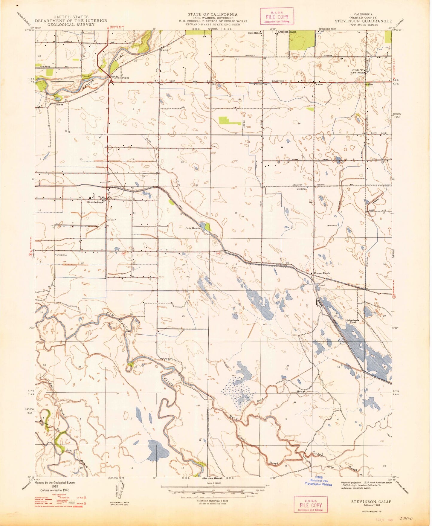 Classic USGS Stevinson California 7.5'x7.5' Topo Map Image