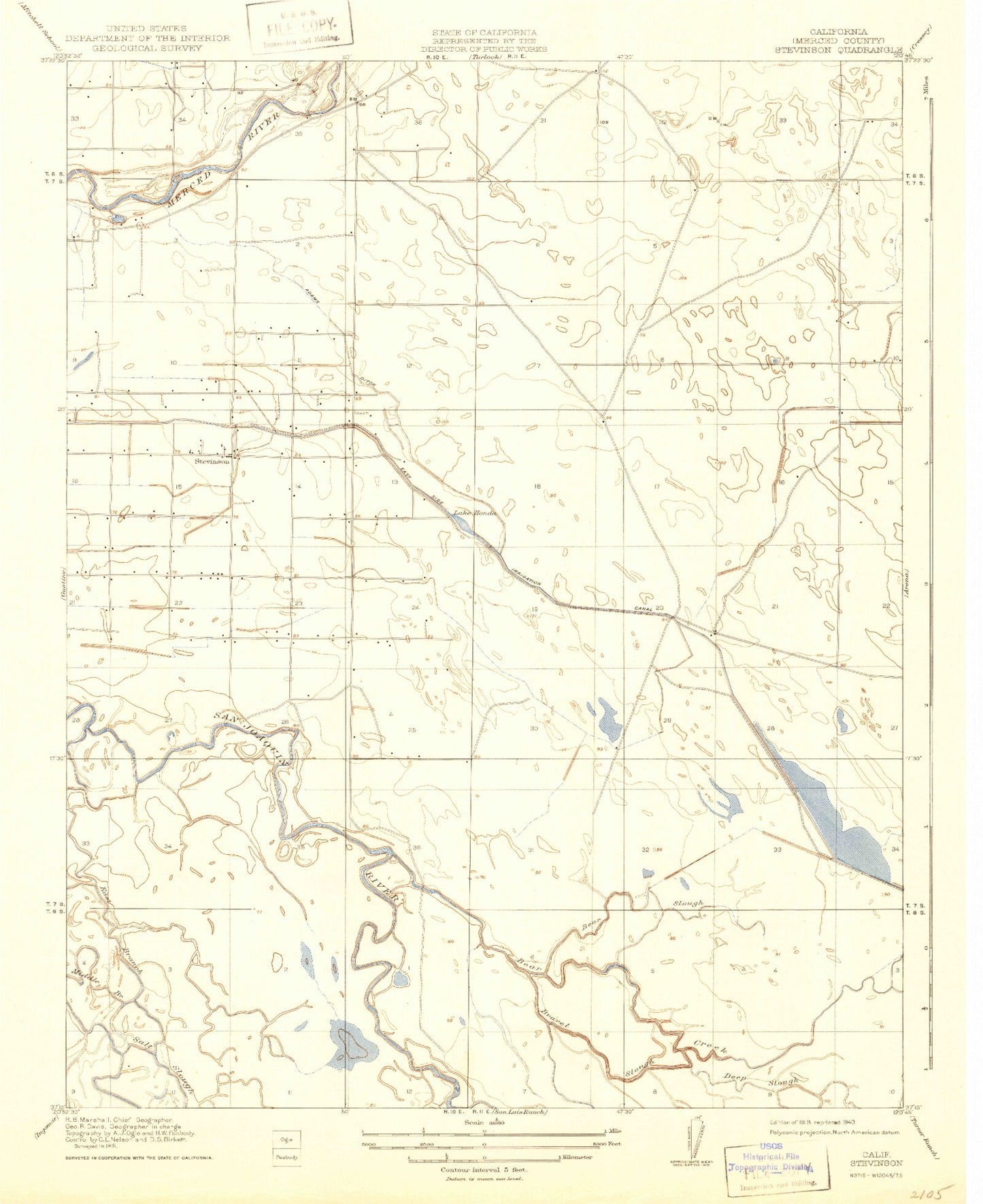 Classic USGS Stevinson California 7.5'x7.5' Topo Map Image