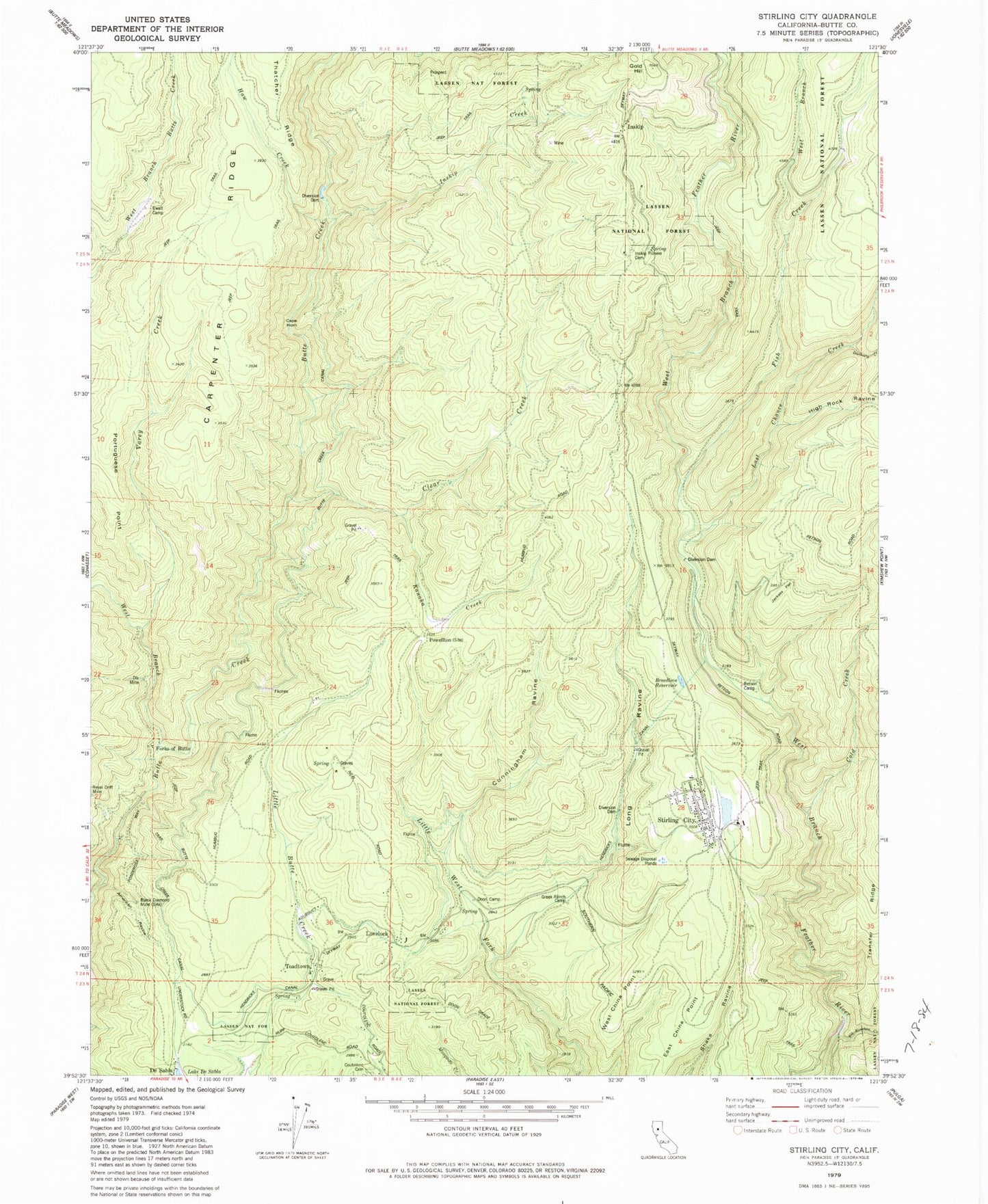 Classic USGS Stirling City California 7.5'x7.5' Topo Map Image