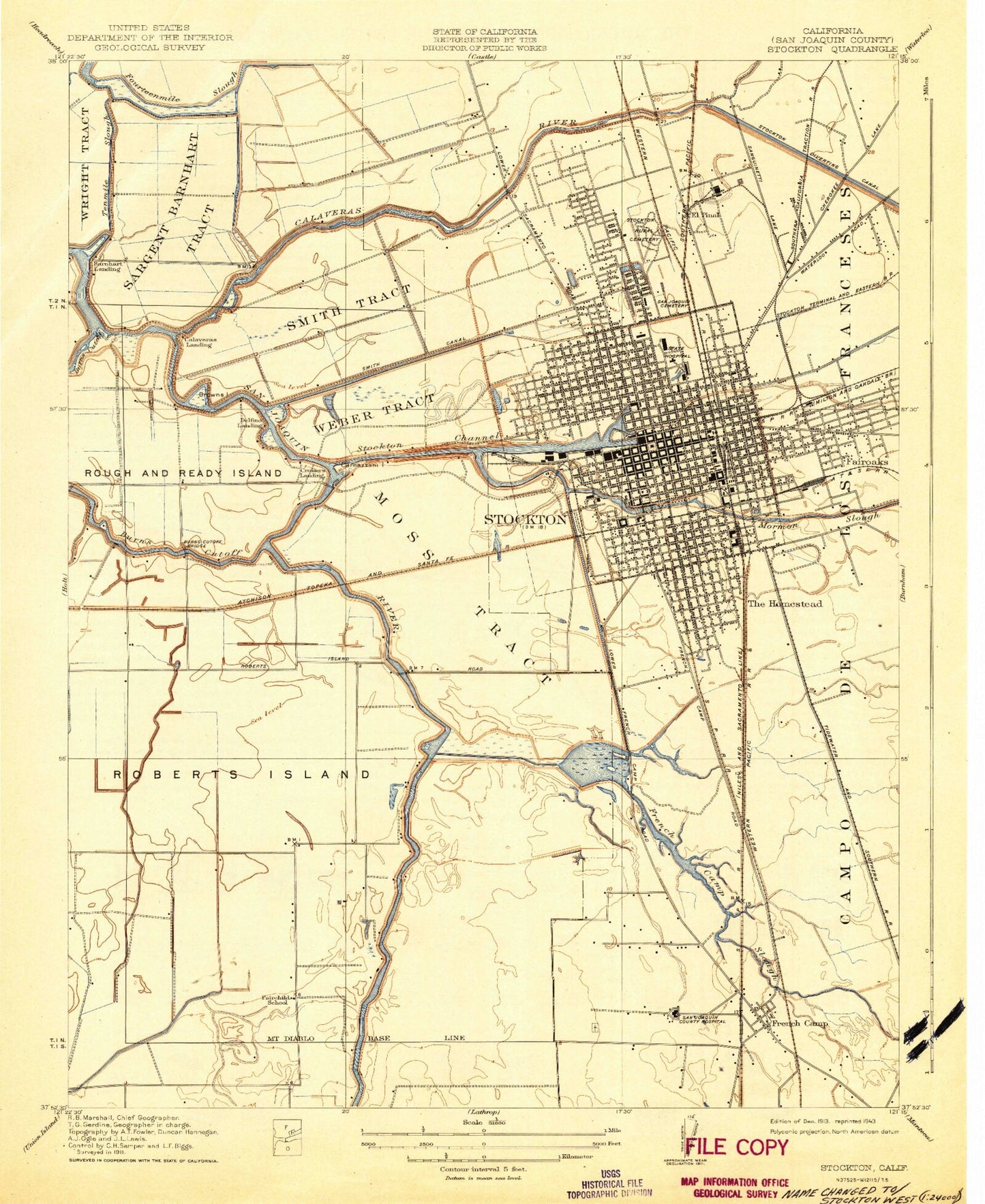 Classic USGS Stockton West California 7.5'x7.5' Topo Map Image