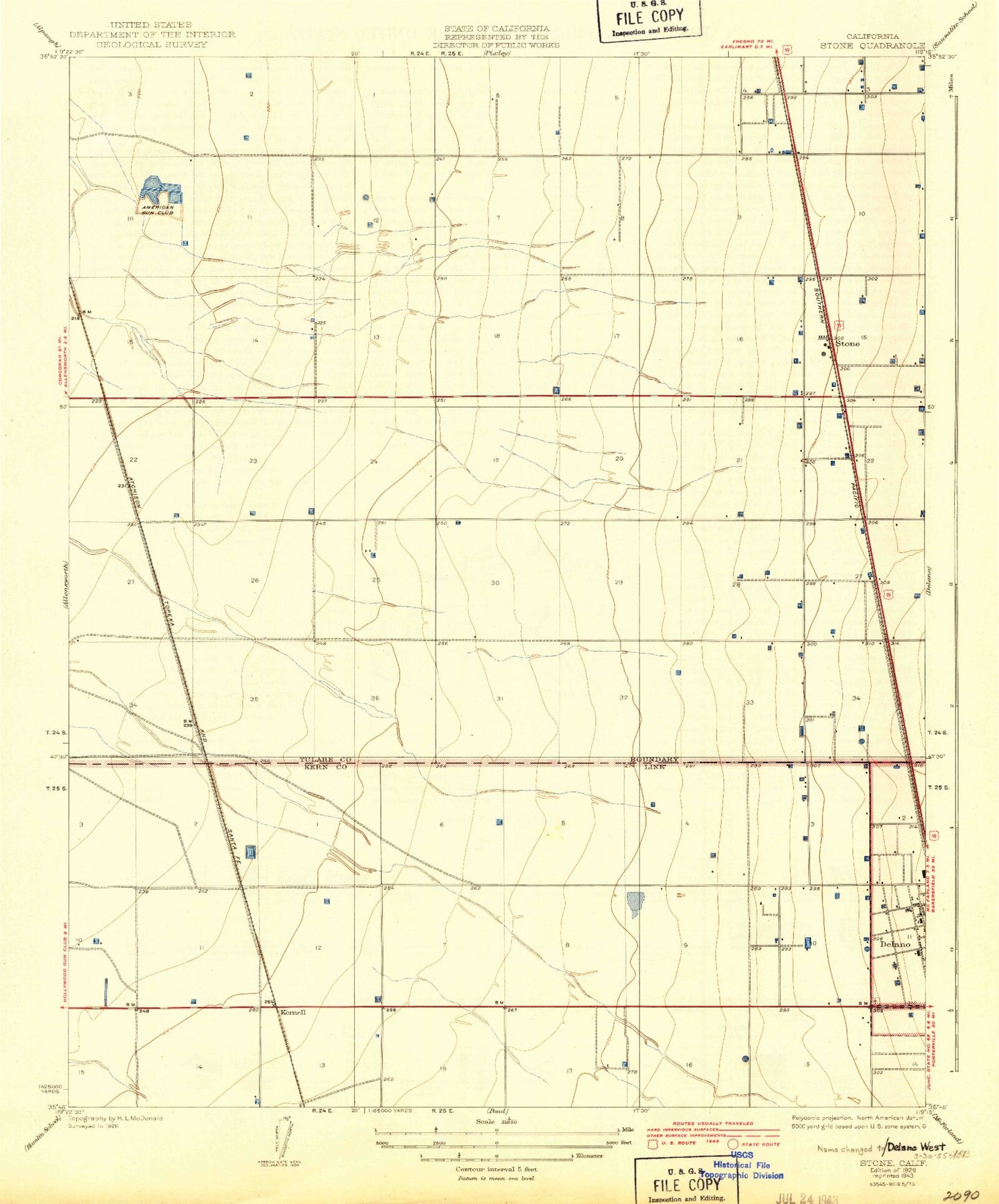 Classic USGS Delano West California 7.5'x7.5' Topo Map Image