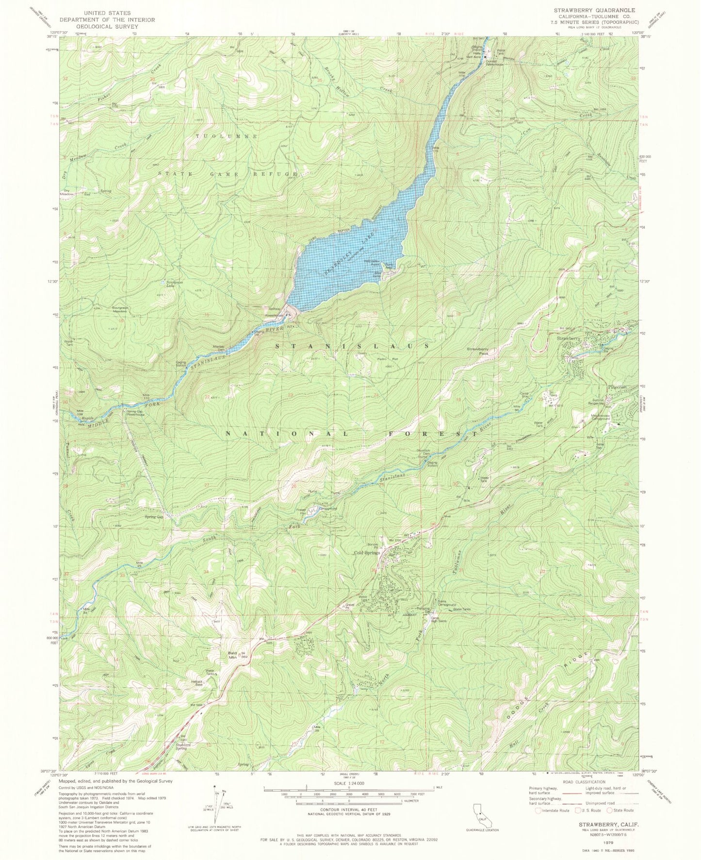 Classic USGS Strawberry California 7.5'x7.5' Topo Map Image