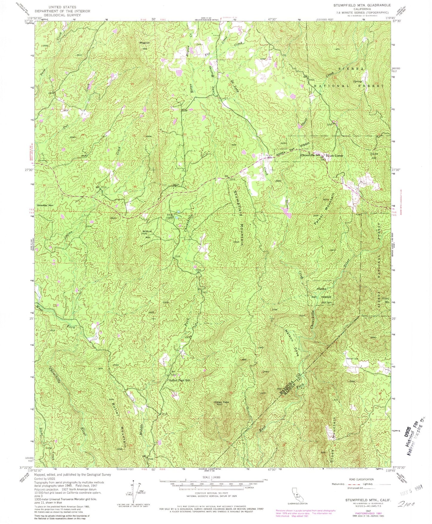 Classic USGS Stumpfield Mountain California 7.5'x7.5' Topo Map Image