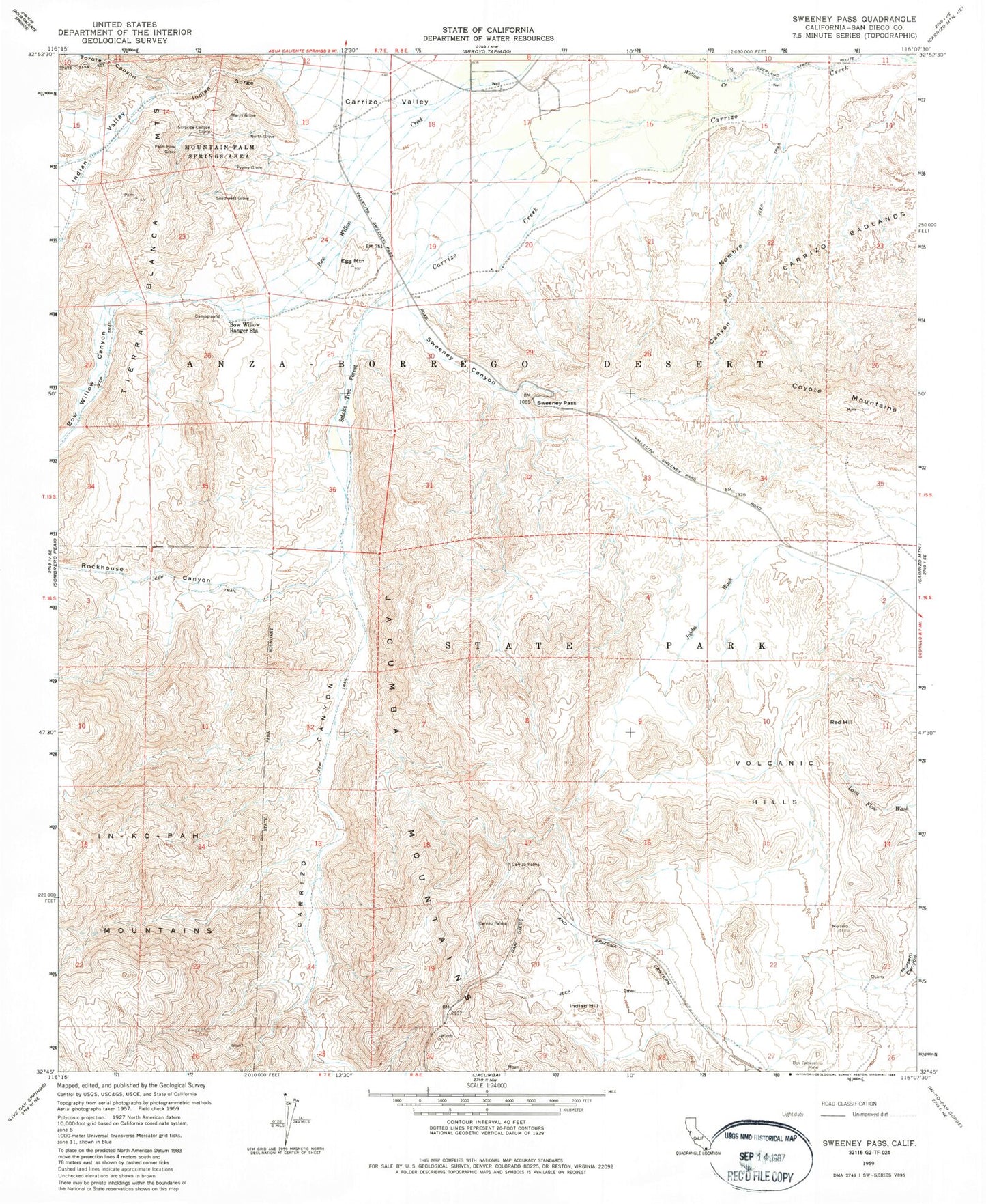 Classic USGS Sweeney Pass California 7.5'x7.5' Topo Map Image