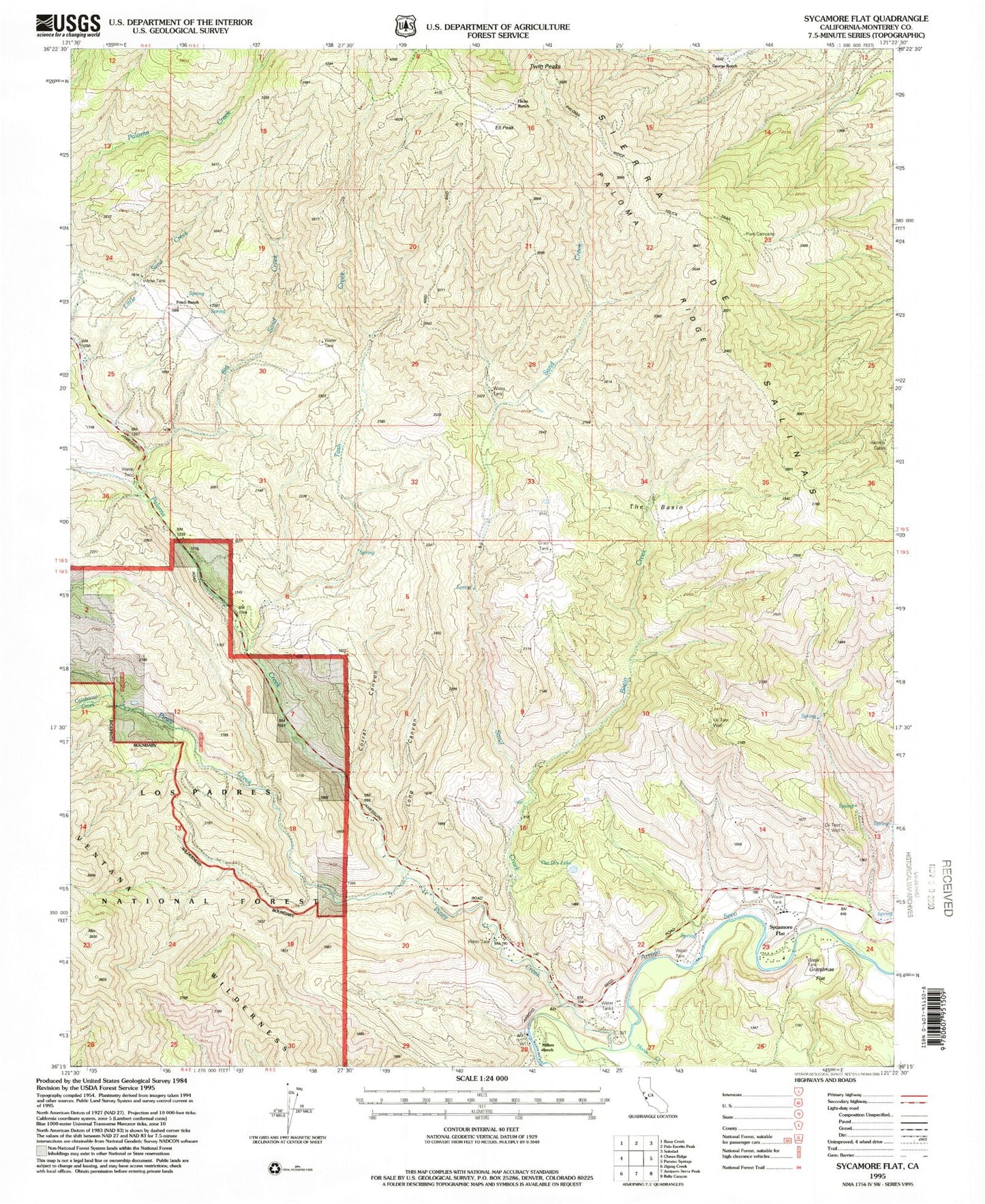 Classic USGS Sycamore Flat California 7.5'x7.5' Topo Map Image