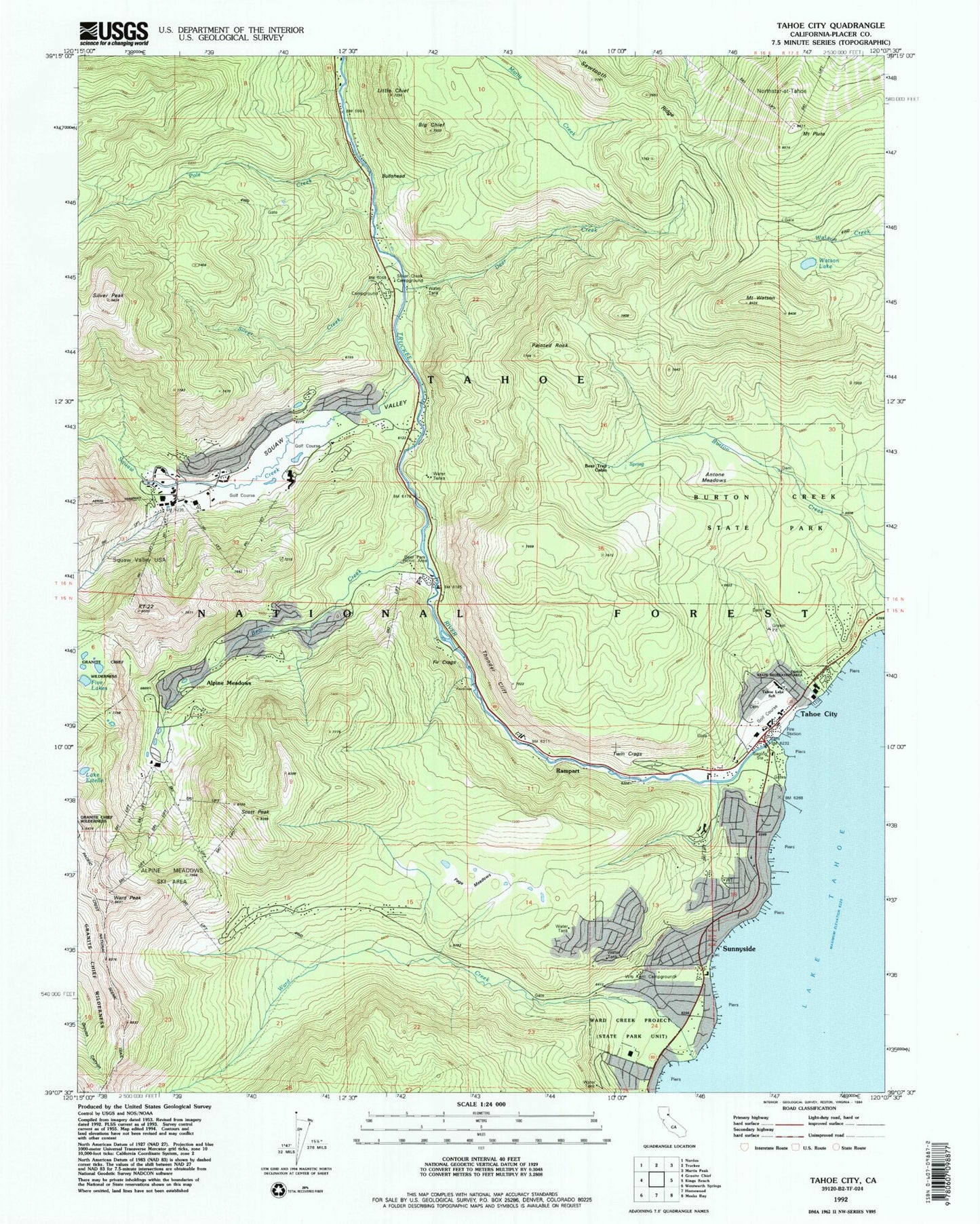 Classic USGS Tahoe City California 7.5'x7.5' Topo Map Image