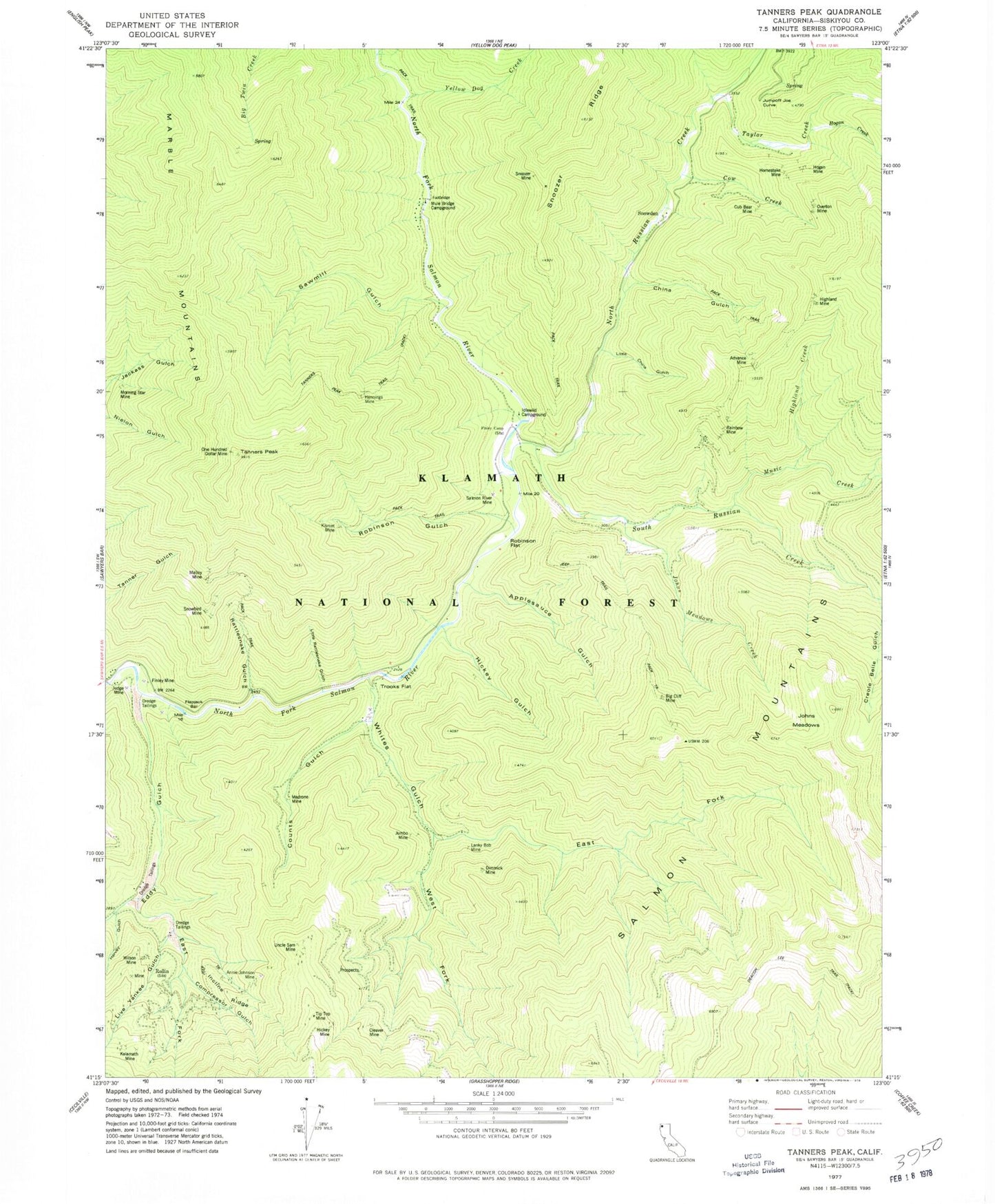 Classic USGS Tanners Peak California 7.5'x7.5' Topo Map Image