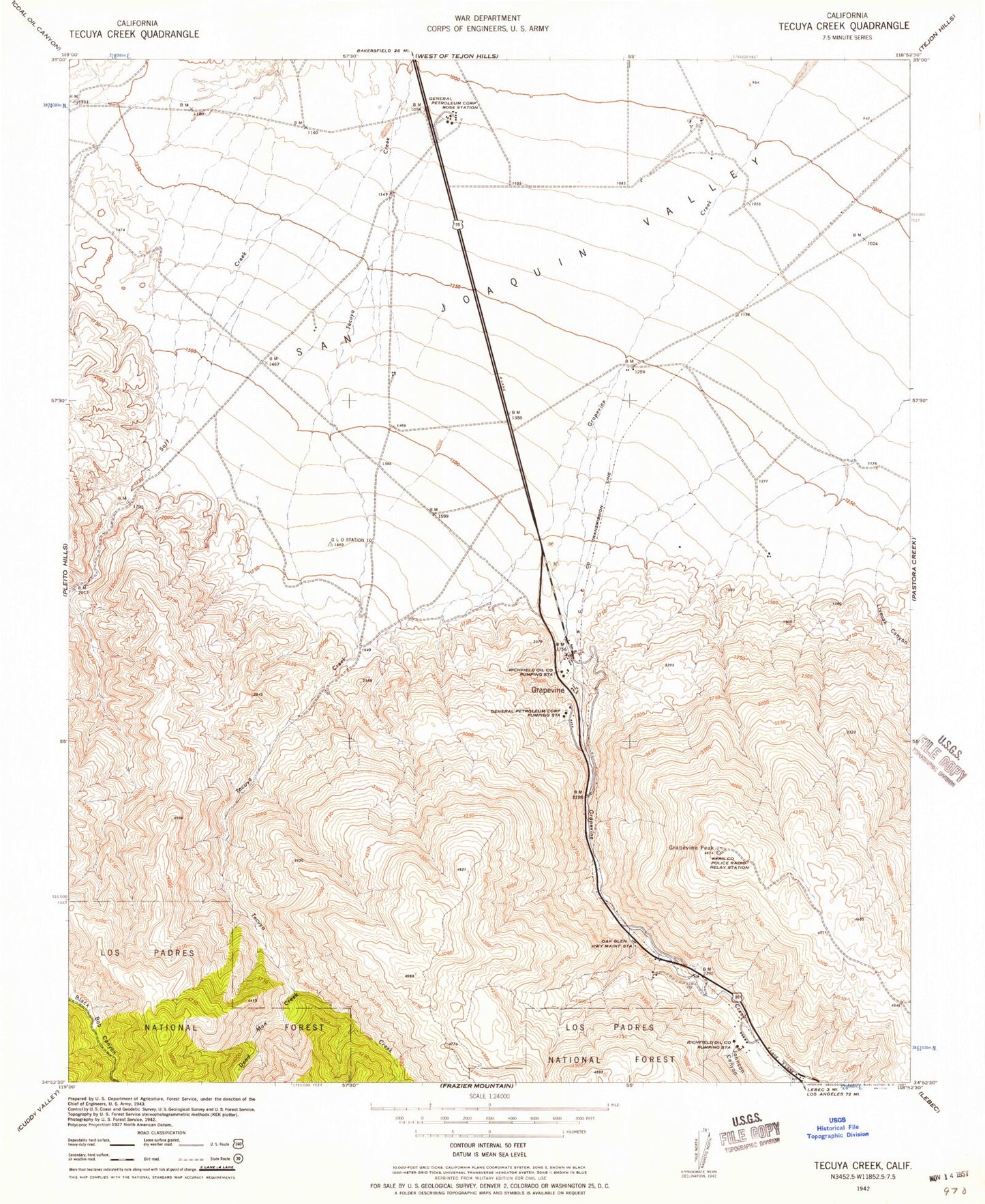 Classic USGS Grapevine California 7.5'x7.5' Topo Map Image