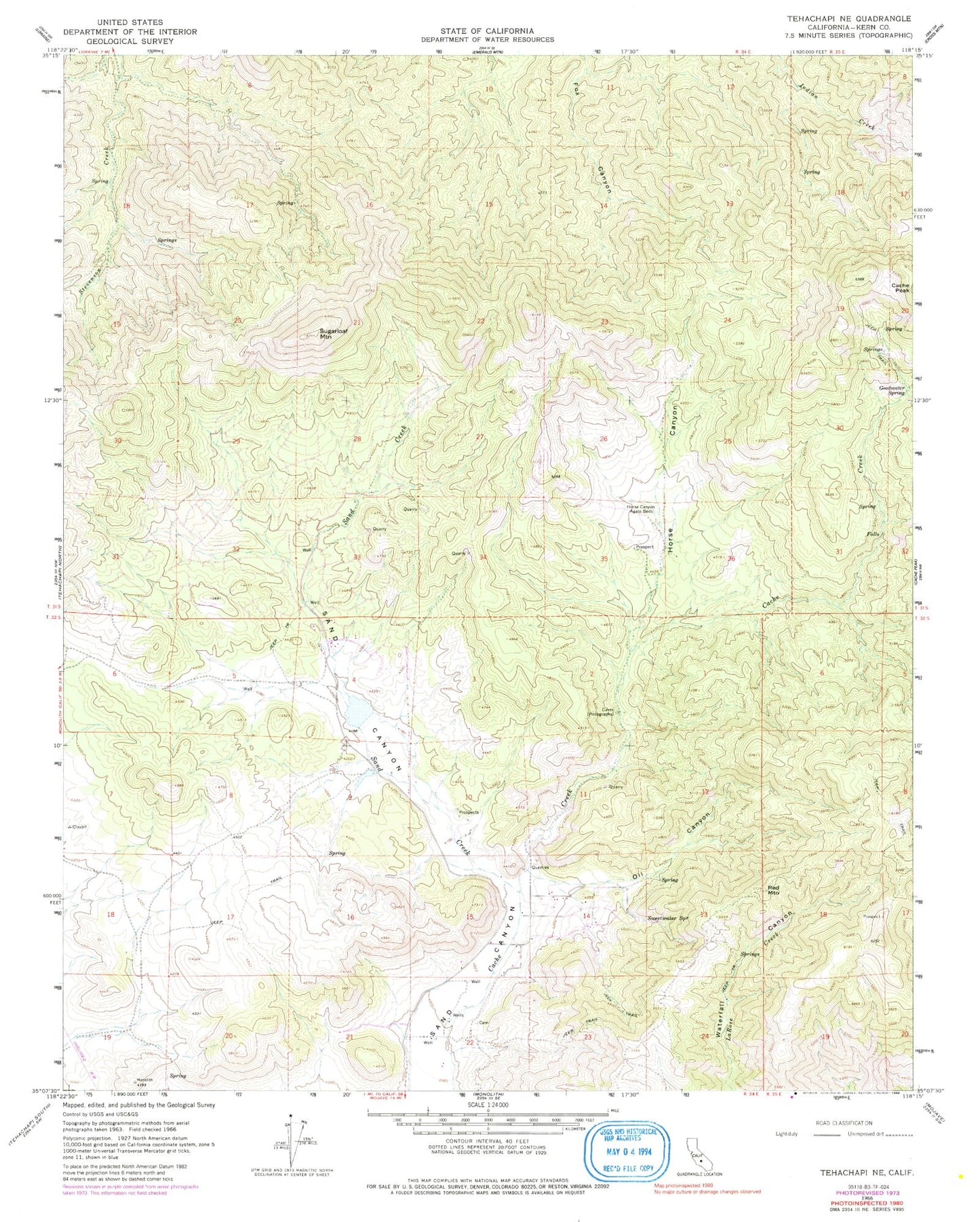 Classic USGS Tehachapi NE California 7.5'x7.5' Topo Map Image