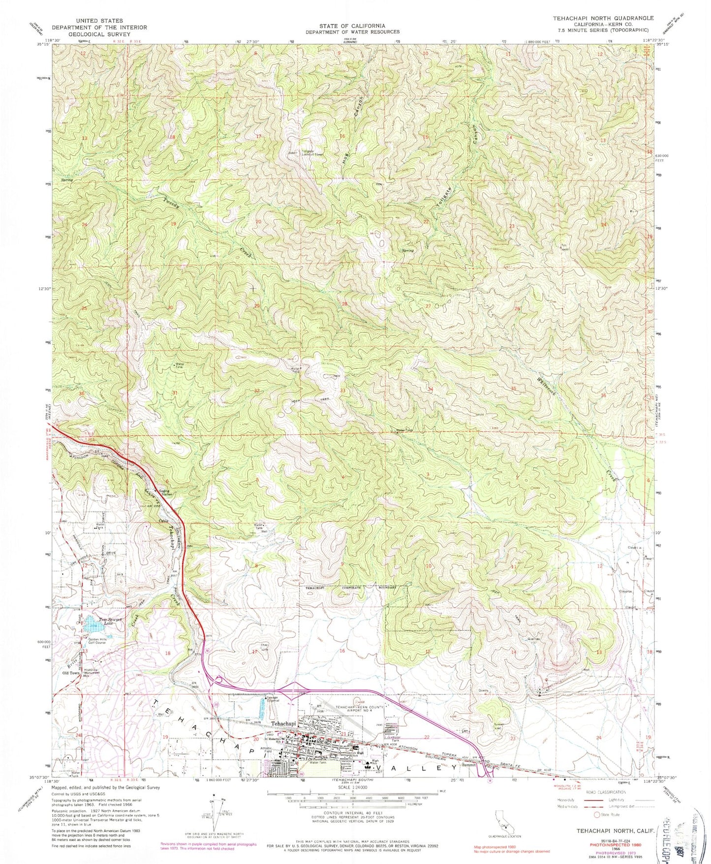 Classic USGS Tehachapi North California 7.5'x7.5' Topo Map Image