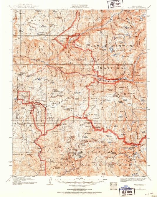 Historic 1903 Tehipite California 30'x30' Topo Map Image