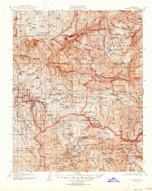 Historic 1905 Tehipite California 30'x30' Topo Map Image