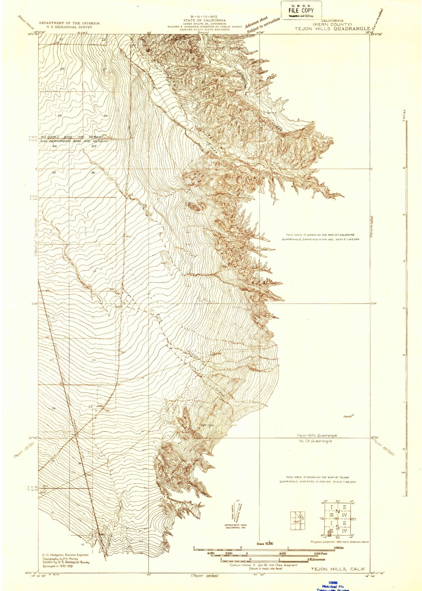 Classic USGS Tejon Hills California 7.5'x7.5' Topo Map Image