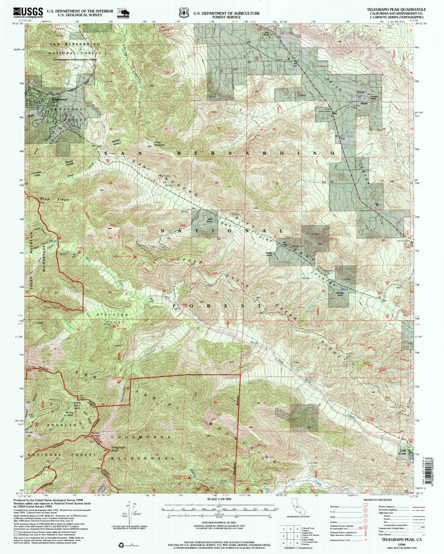 USGS Classic Telegraph Peak California 7.5'x7.5' Topo Map Image