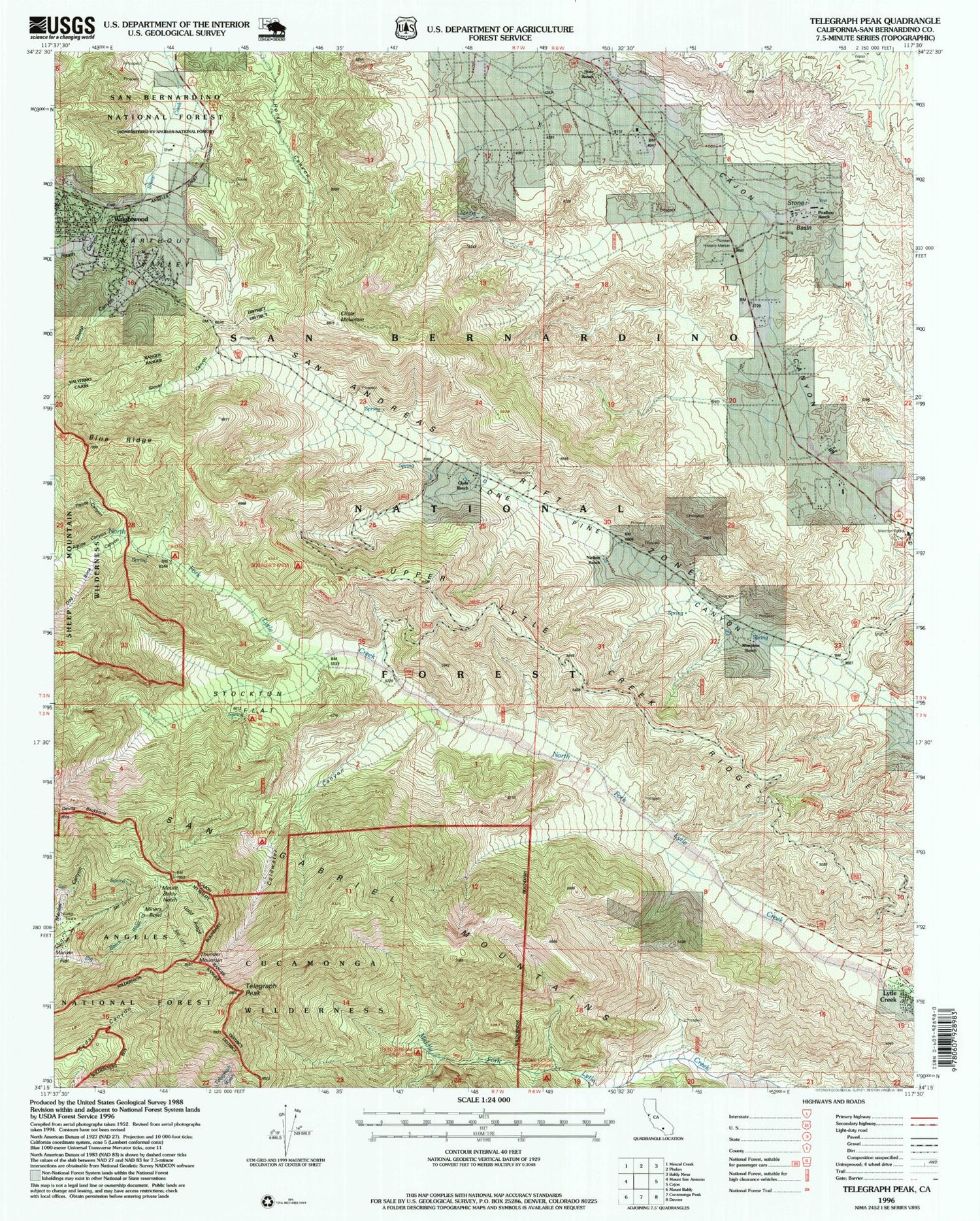 USGS Classic Telegraph Peak California 7.5'x7.5' Topo Map Image
