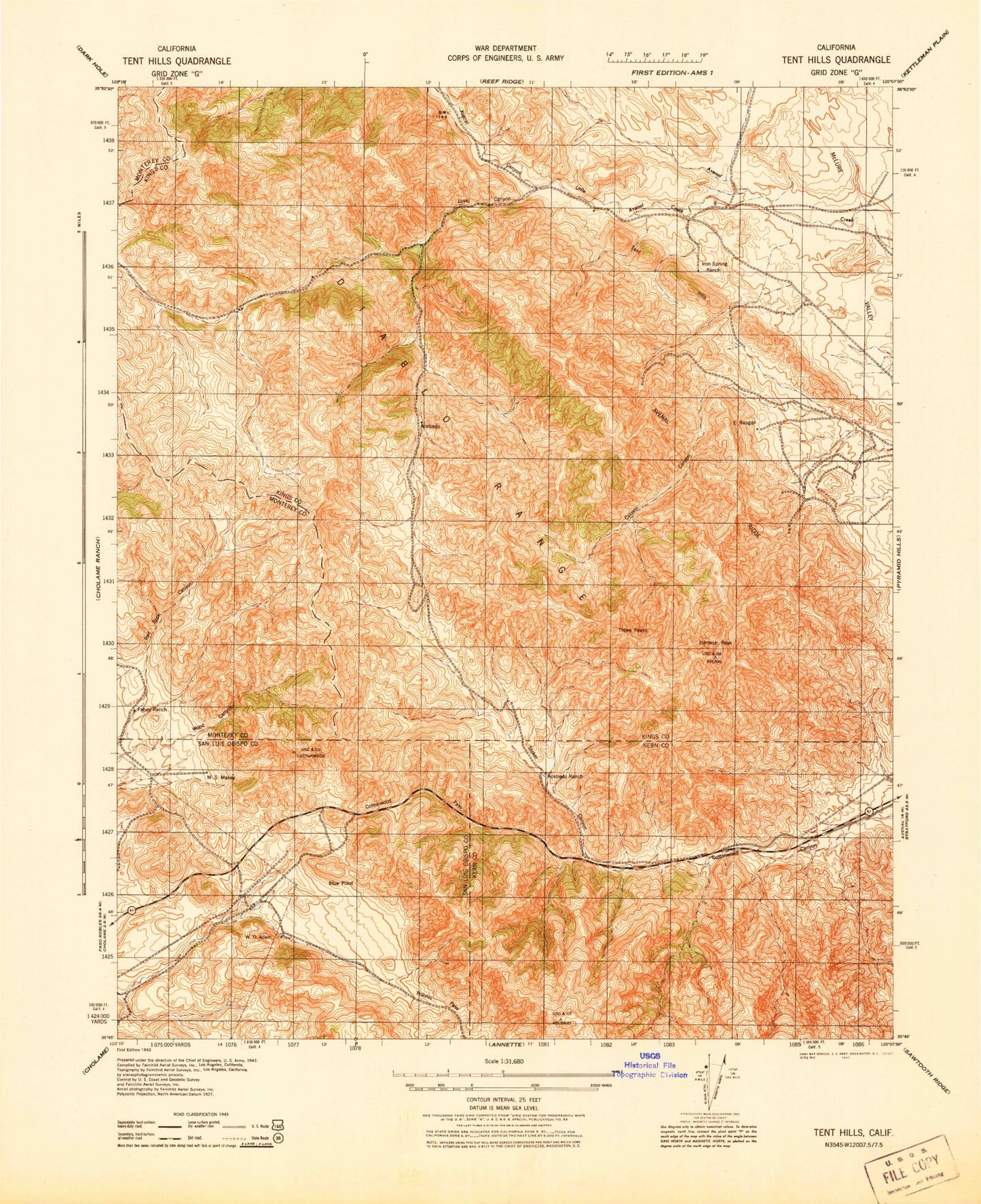 Classic USGS Tent Hills California 7.5'x7.5' Topo Map Image