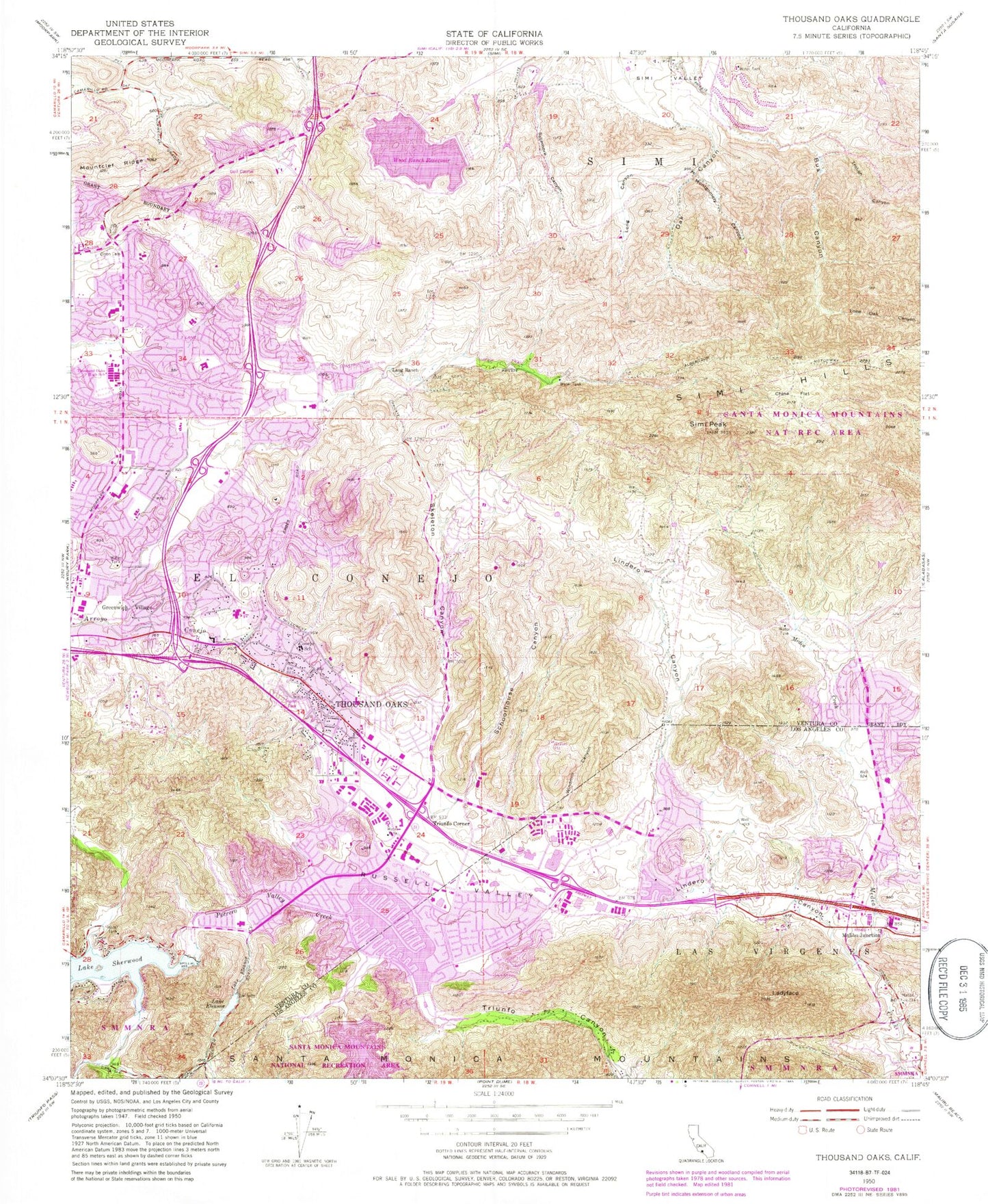 Classic USGS Thousand Oaks California 7.5'x7.5' Topo Map Image