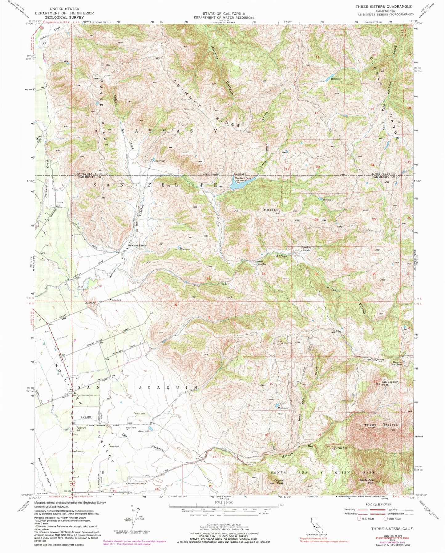 Classic USGS Three Sisters California 7.5'x7.5' Topo Map Image
