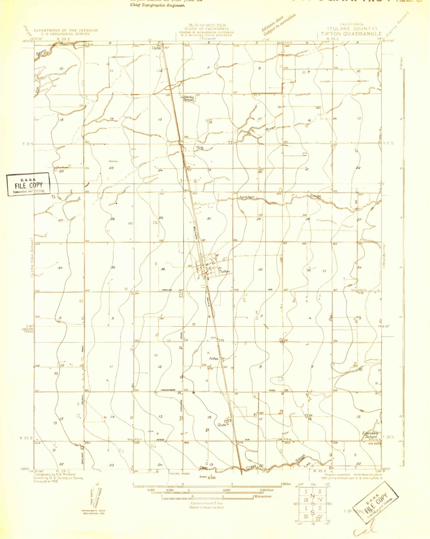 Classic USGS Tipton California 7.5'x7.5' Topo Map Image