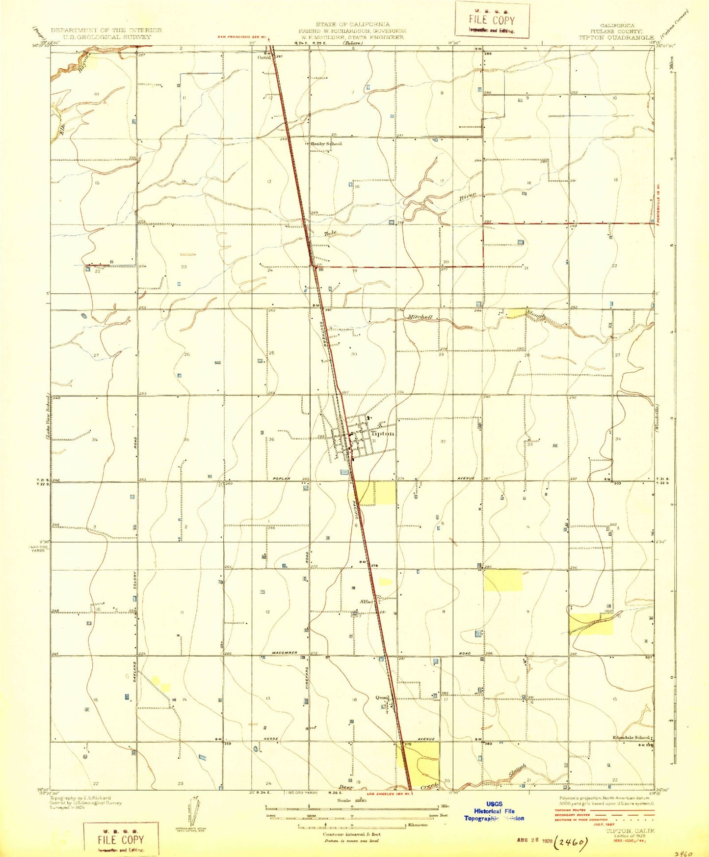 Classic USGS Tipton California 7.5'x7.5' Topo Map Image