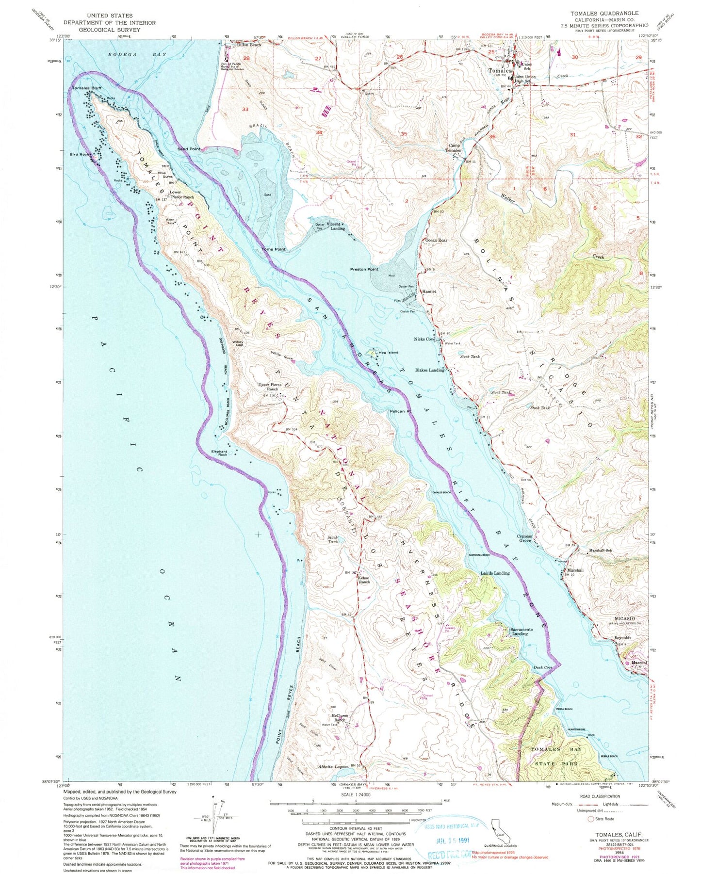 Classic USGS Tomales California 7.5'x7.5' Topo Map Image