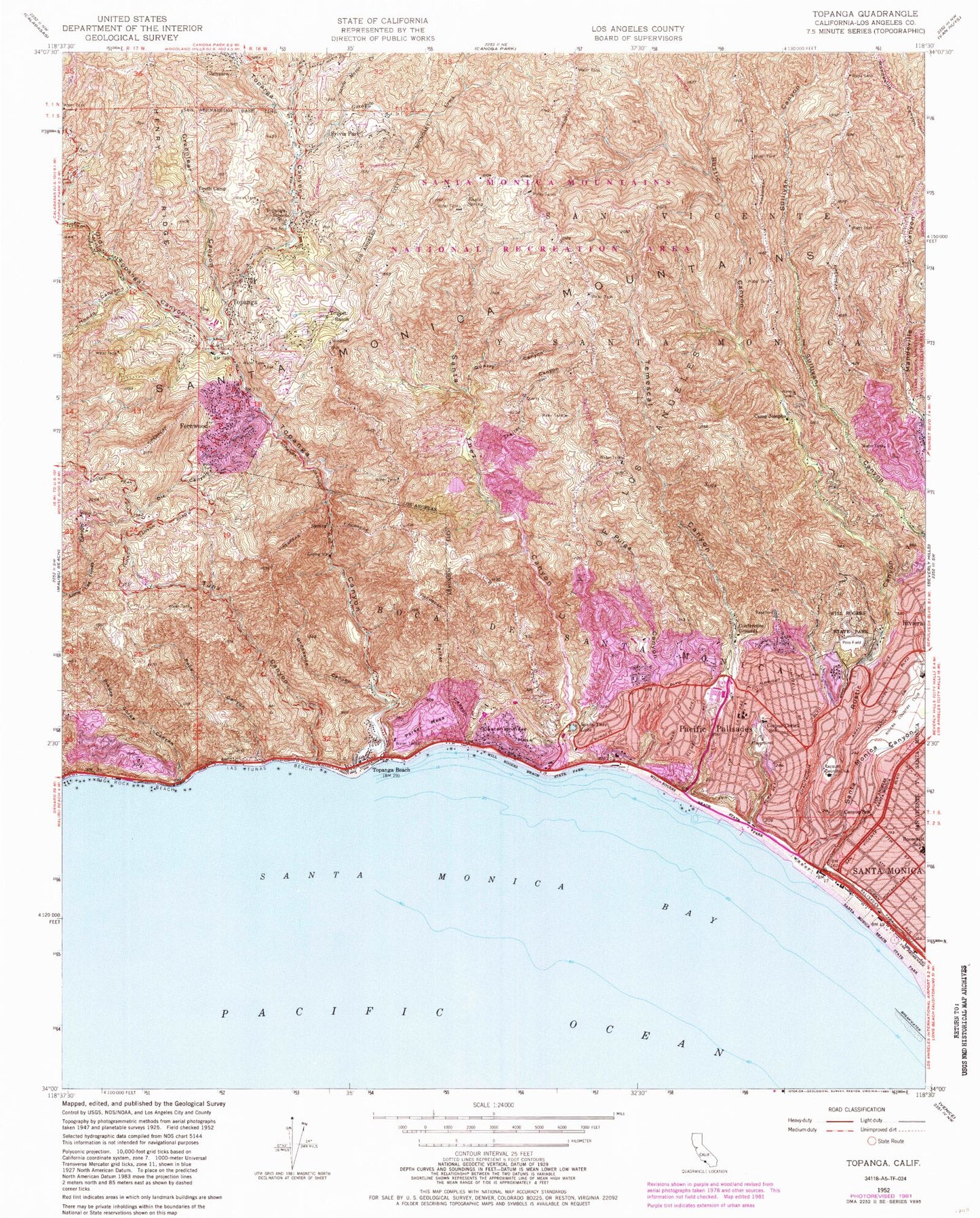Classic USGS Topanga California 7.5'x7.5' Topo Map Image