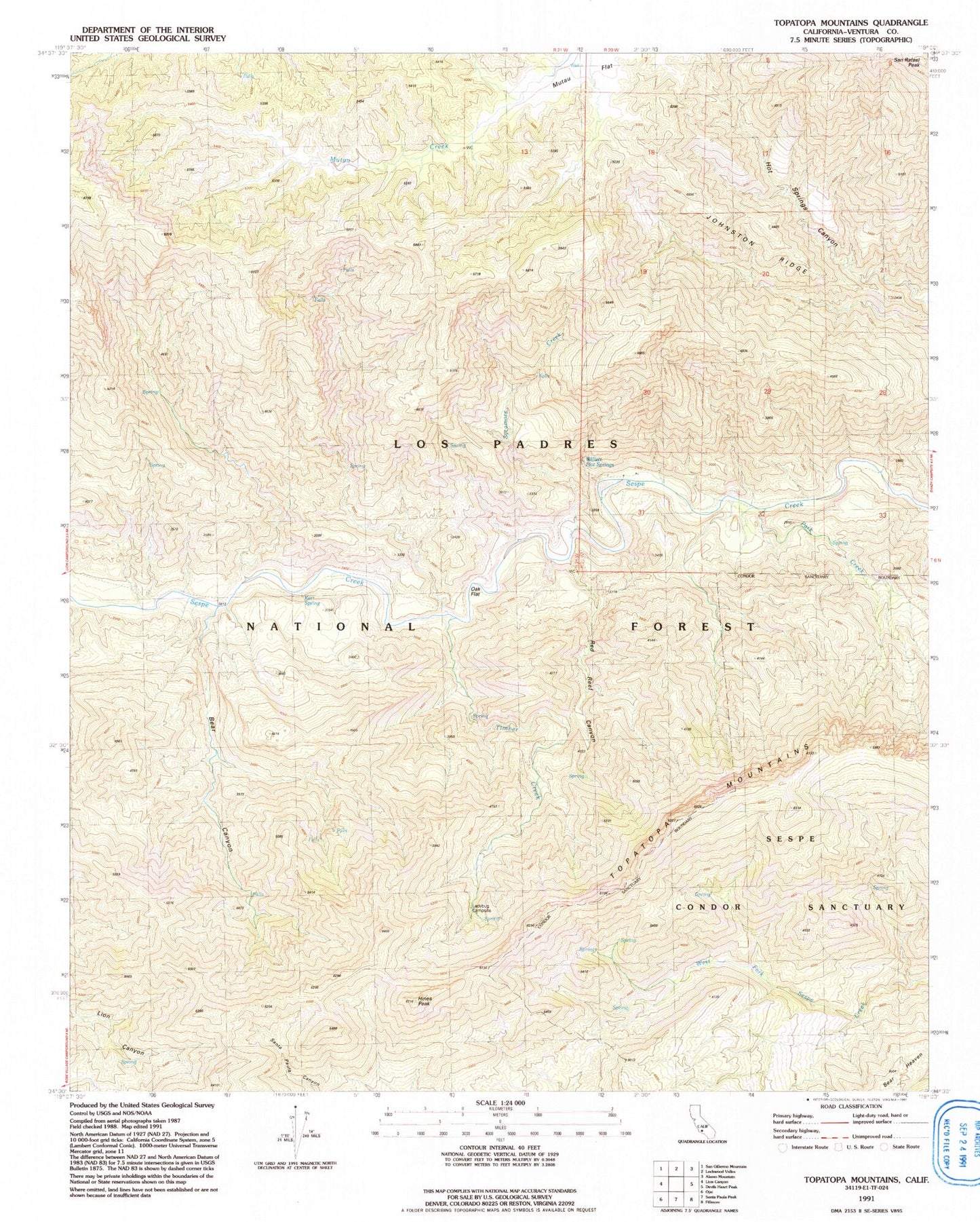Classic USGS Topatopa Mountains California 7.5'x7.5' Topo Map Image