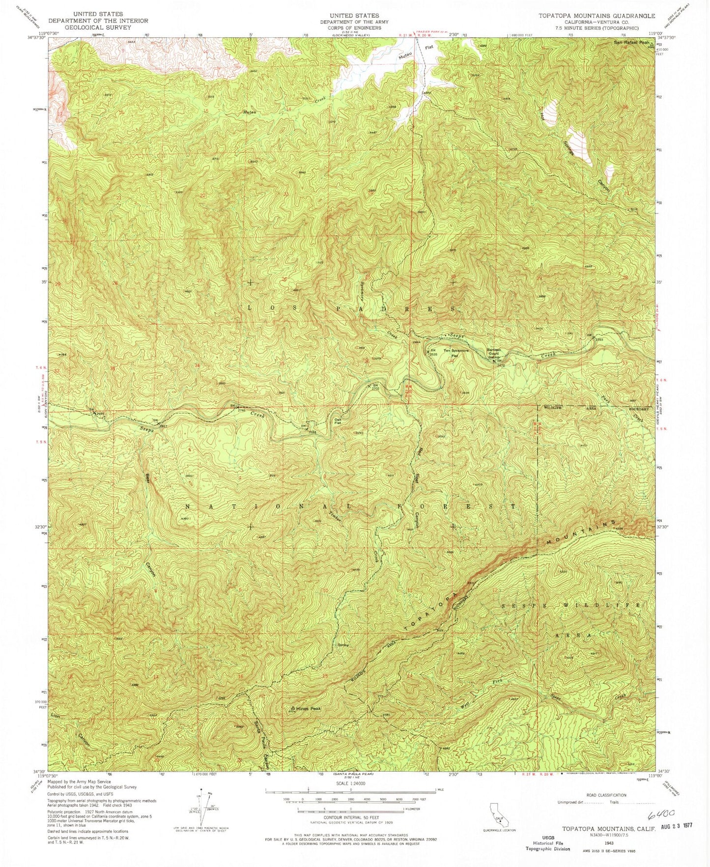 Classic USGS Topatopa Mountains California 7.5'x7.5' Topo Map Image