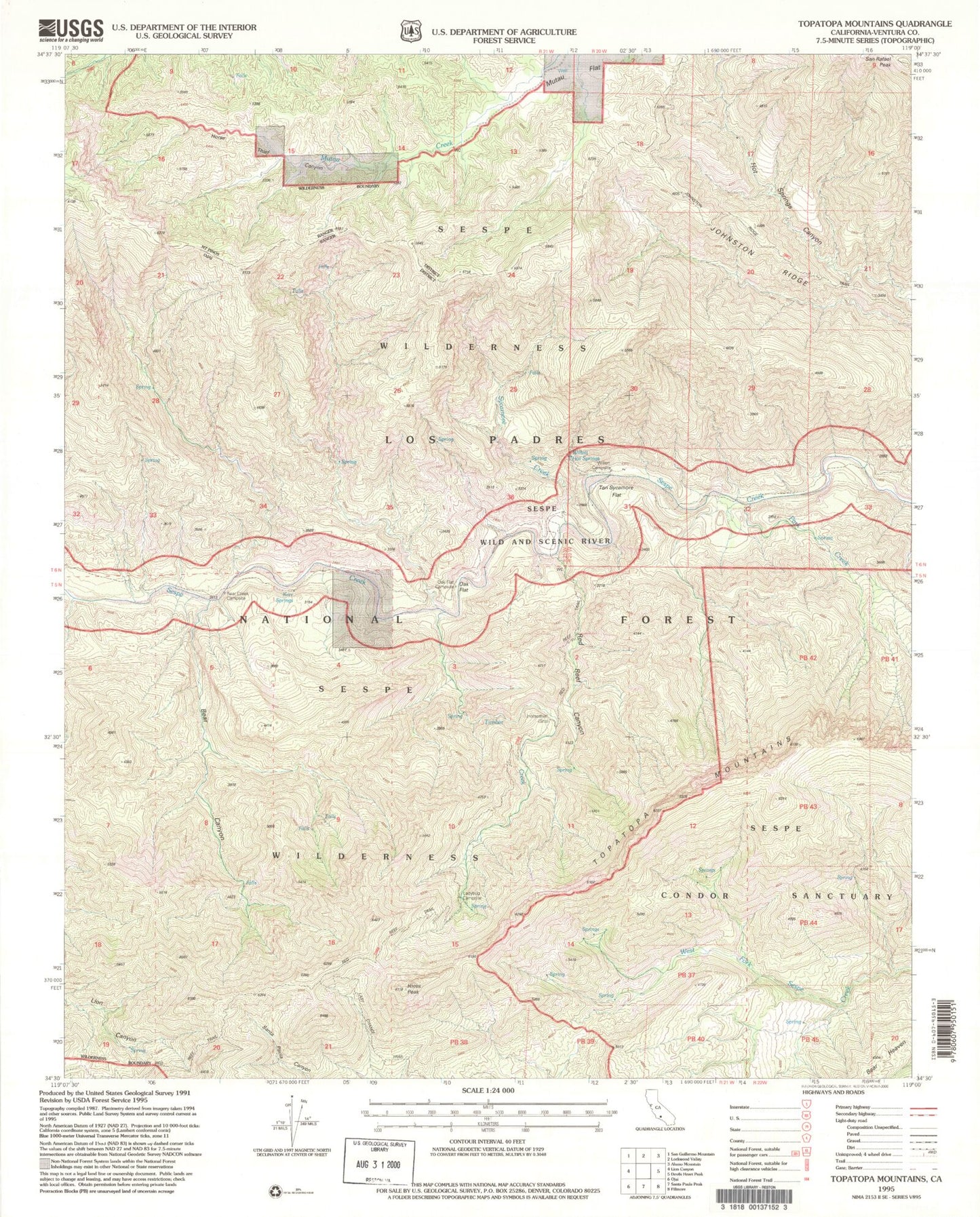 Classic USGS Topatopa Mountains California 7.5'x7.5' Topo Map Image