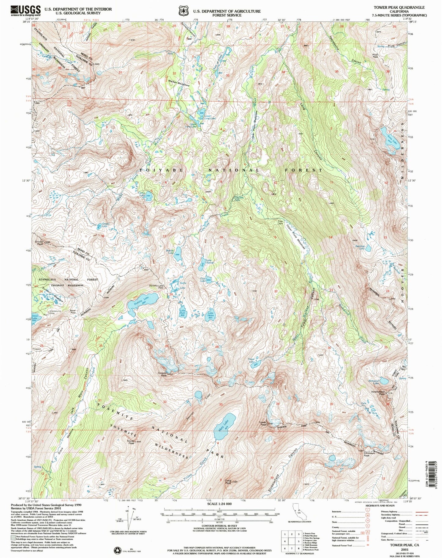 USGS Classic Tower Peak California 7.5'x7.5' Topo Map Image