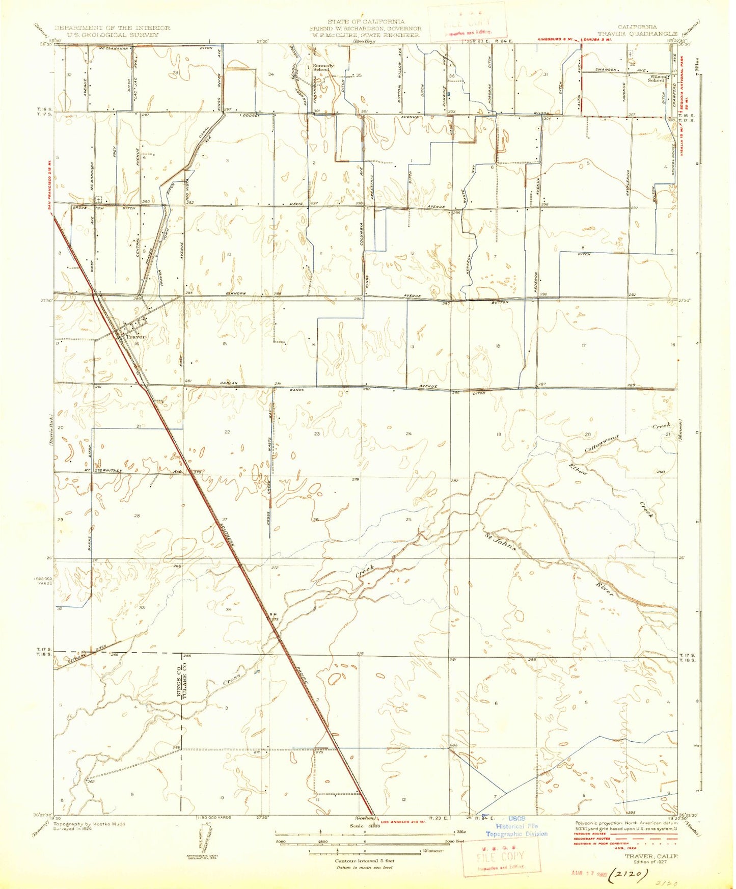 Classic USGS Traver California 7.5'x7.5' Topo Map Image