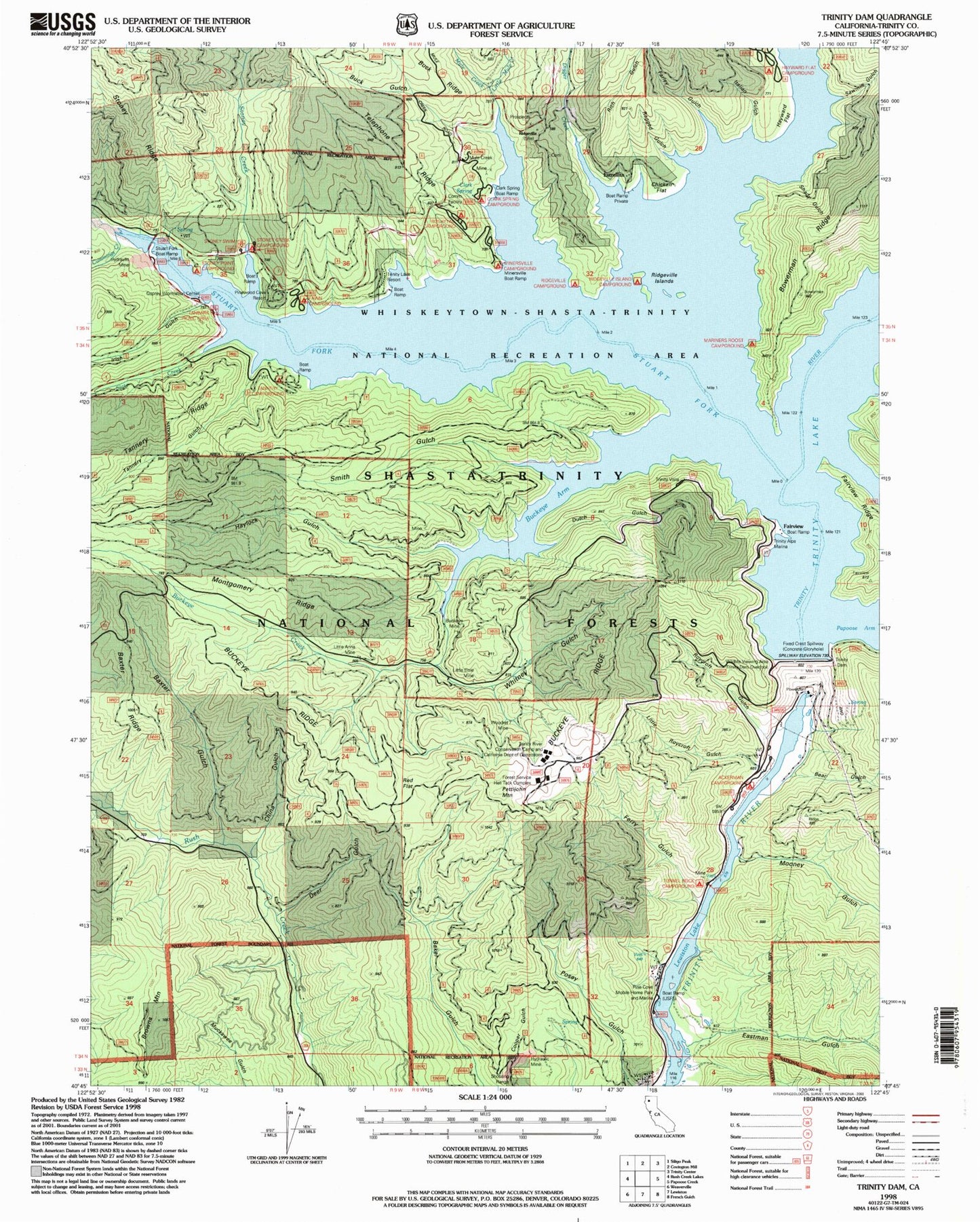 Classic USGS Trinity Dam California 7.5'x7.5' Topo Map Image