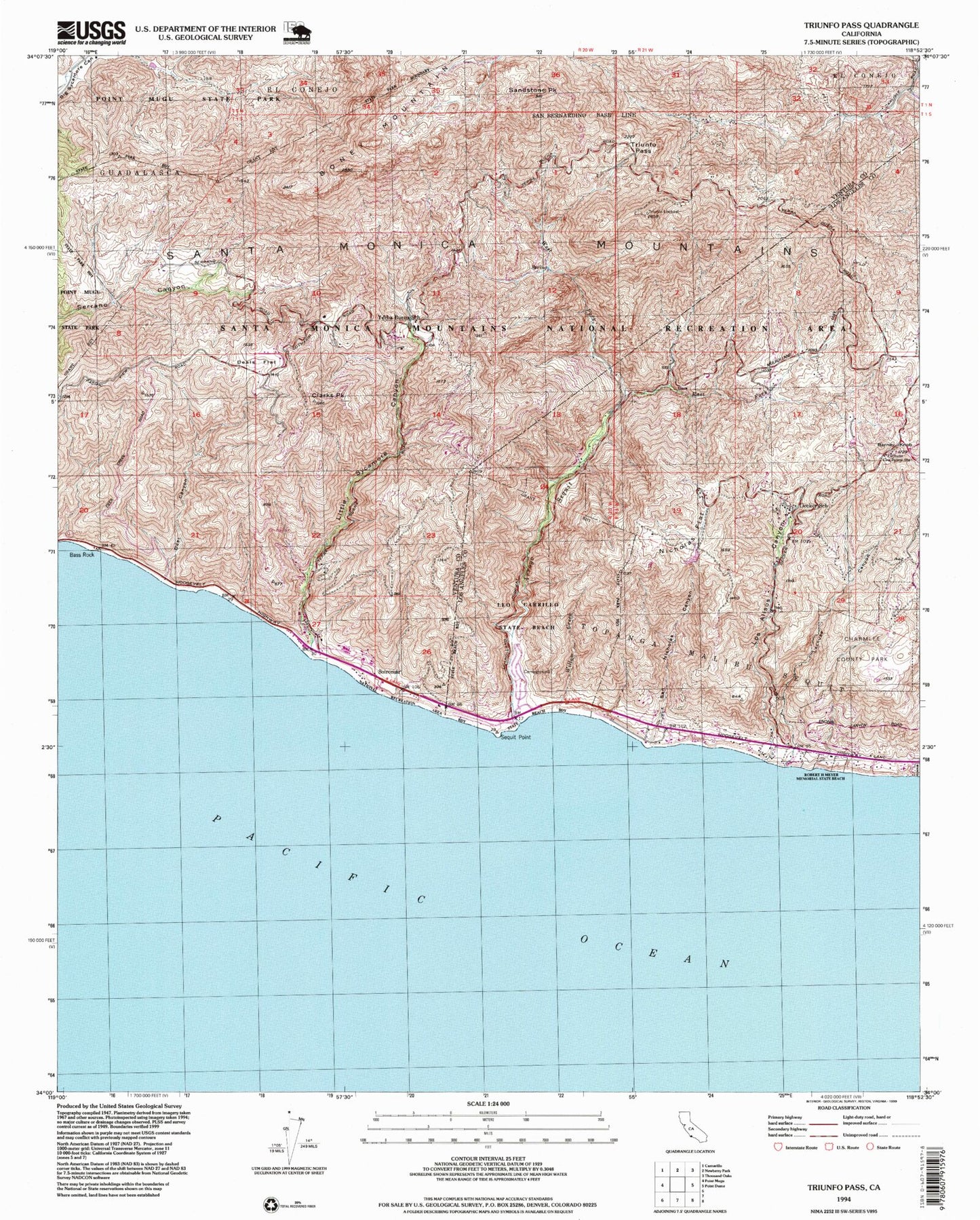 Classic USGS Triunfo Pass California 7.5'x7.5' Topo Map Image