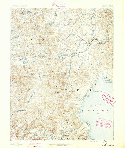 Historic 1891 Truckee California 30'x30' Topo Map Image