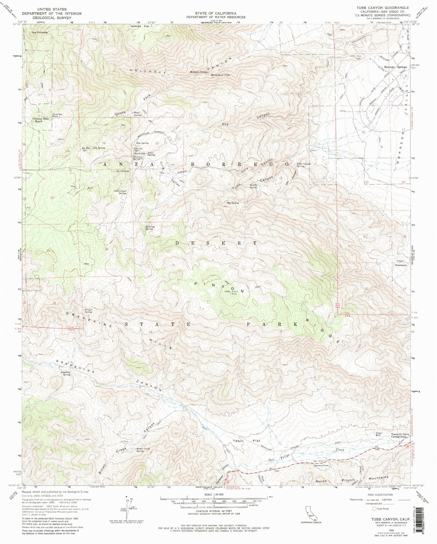 Classic USGS Tubb Canyon California 7.5'x7.5' Topo Map Image