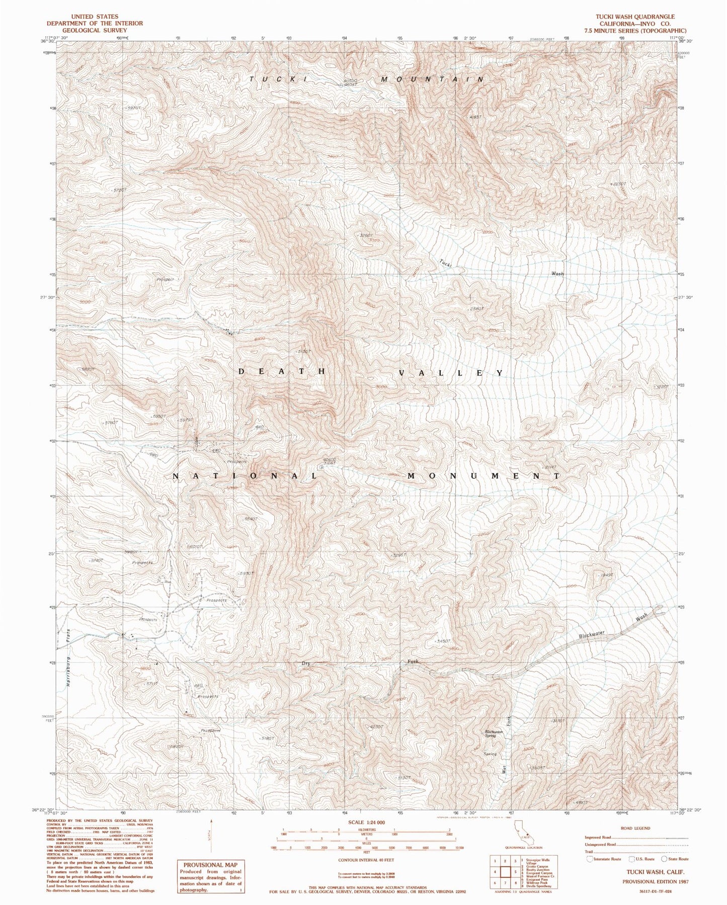 Classic USGS Tucki Wash California 7.5'x7.5' Topo Map Image