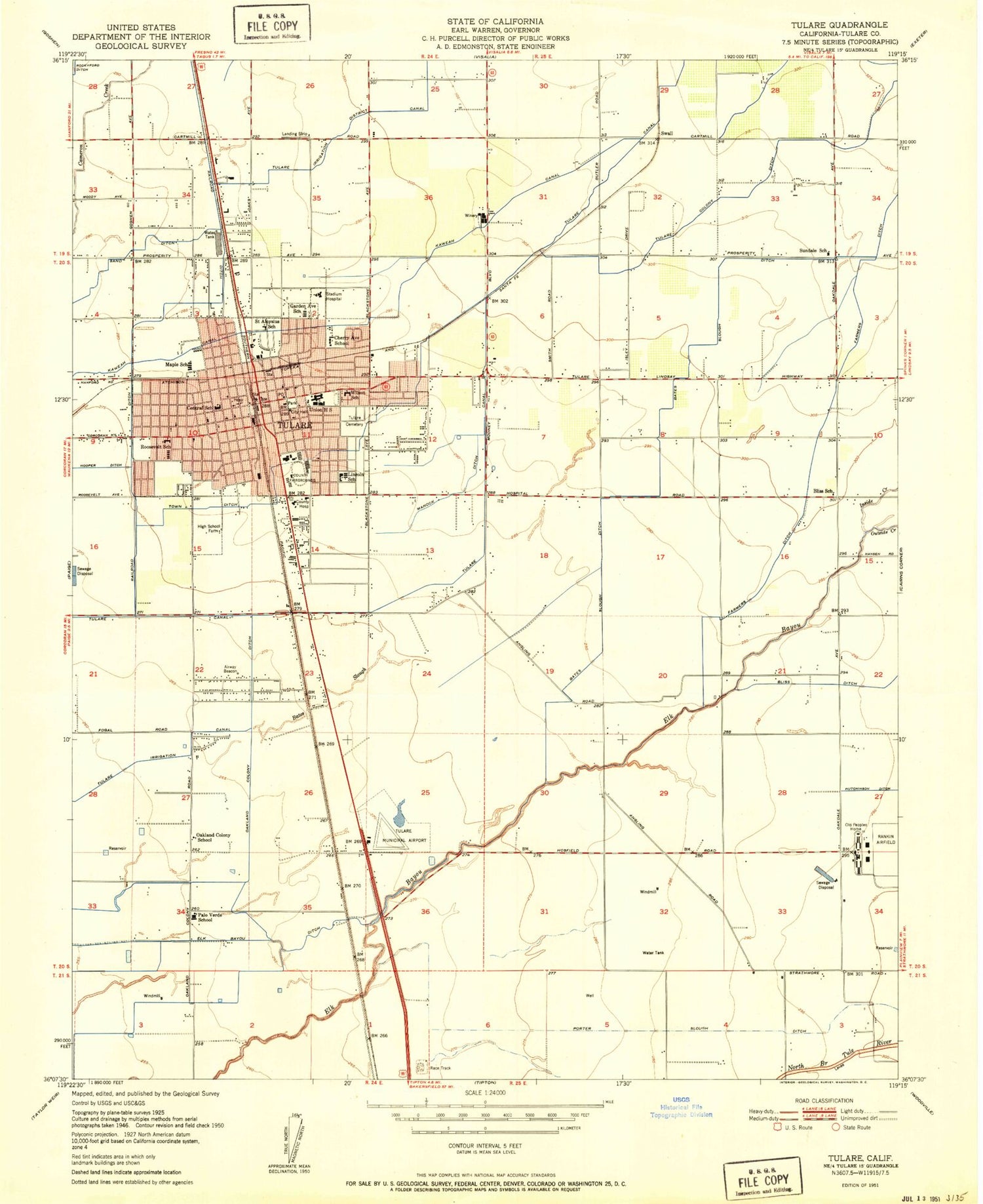 Classic USGS Tulare California 7.5'x7.5' Topo Map Image