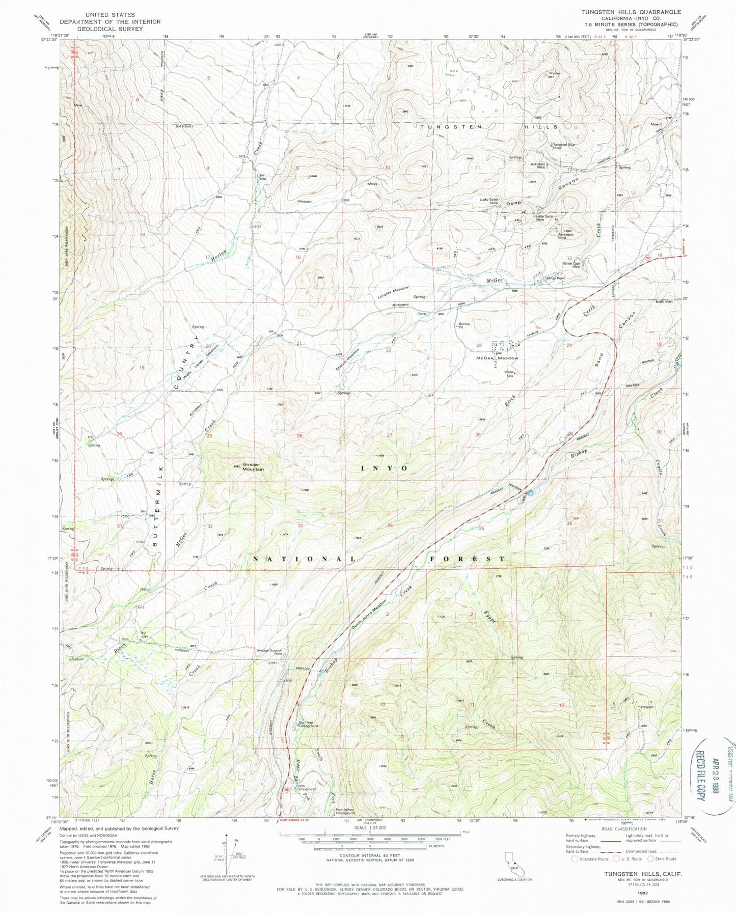 Classic USGS Tungsten Hills California 7.5'x7.5' Topo Map Image