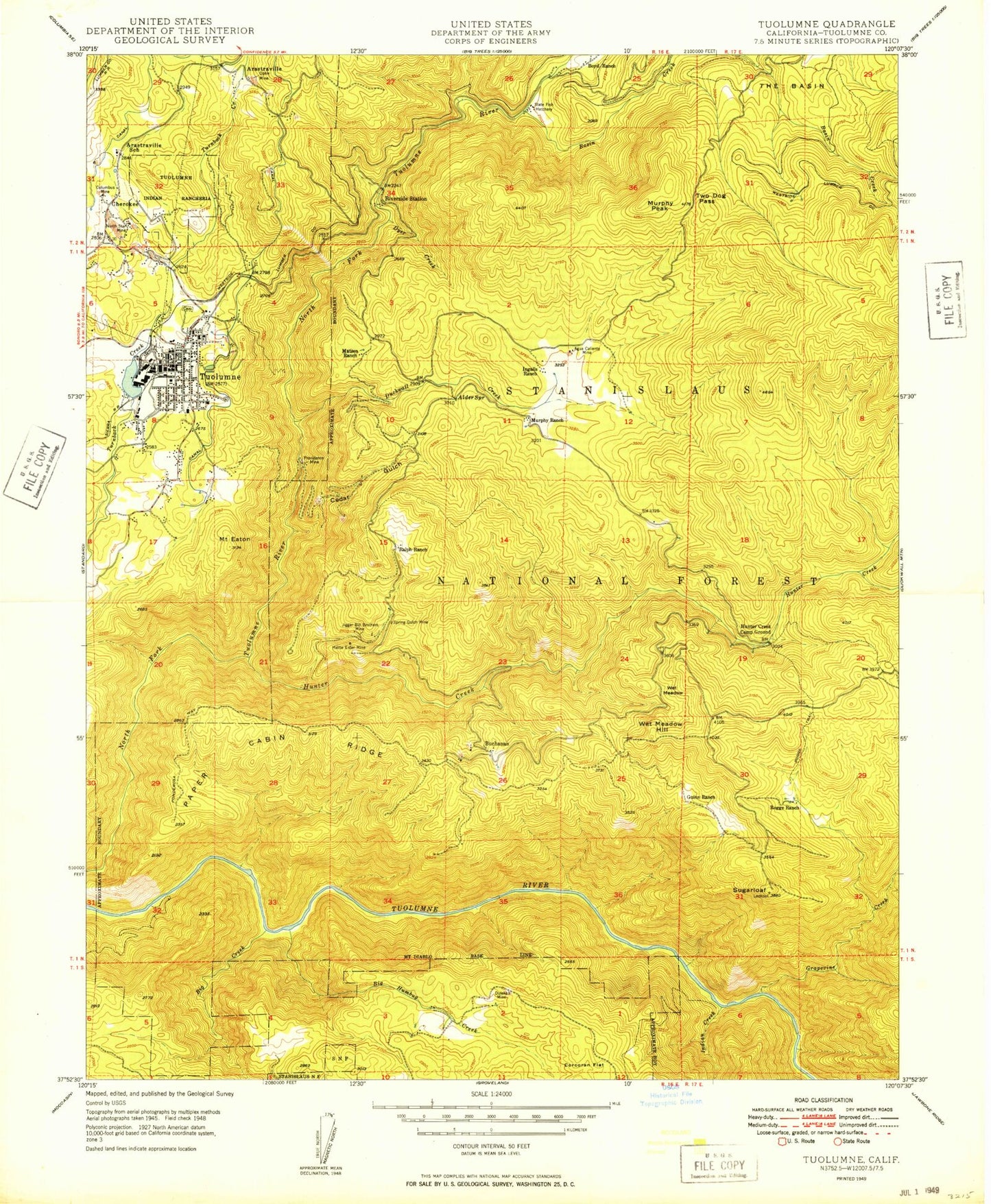 Classic USGS Tuolumne California 7.5'x7.5' Topo Map Image