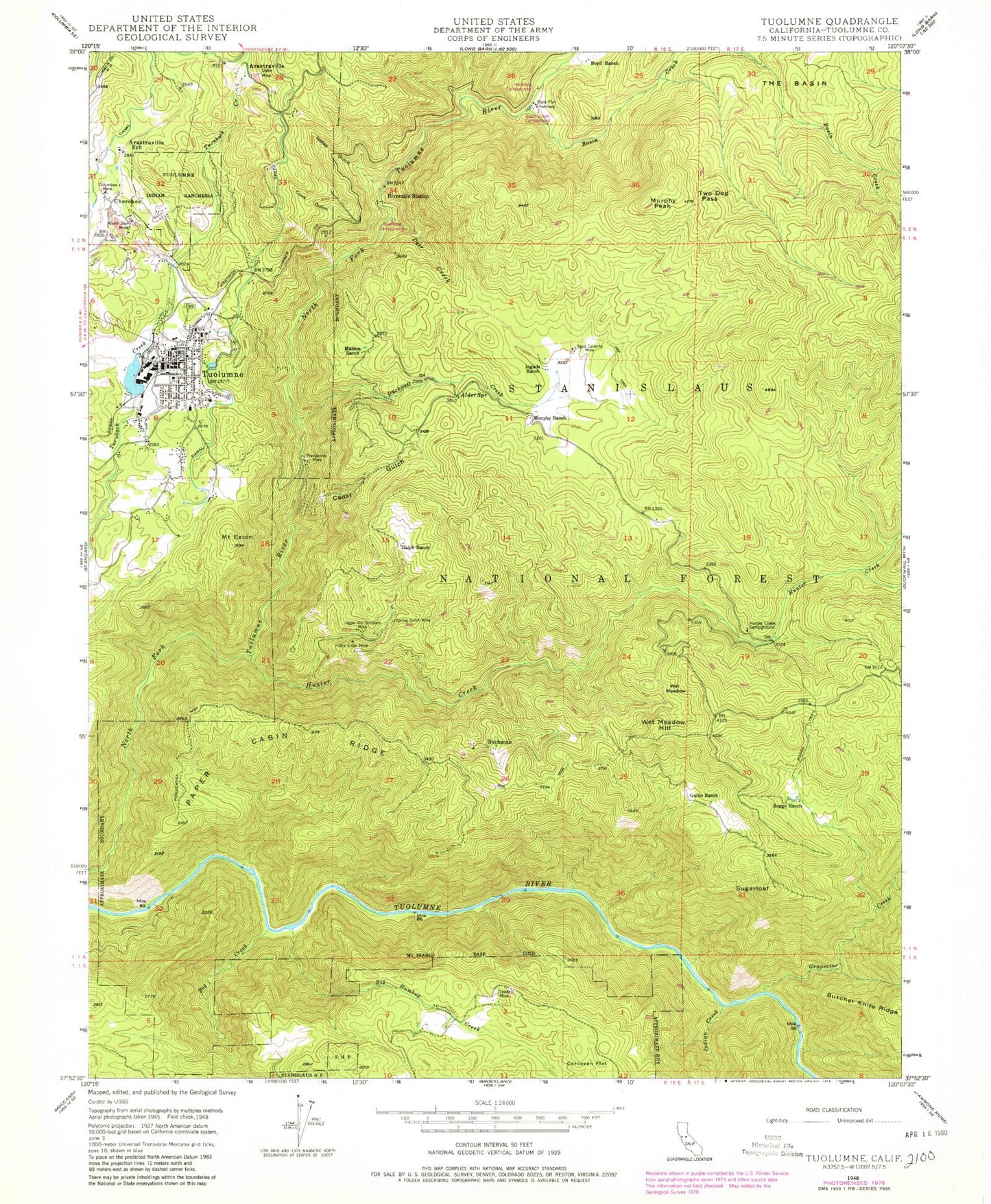 Classic USGS Tuolumne California 7.5'x7.5' Topo Map Image