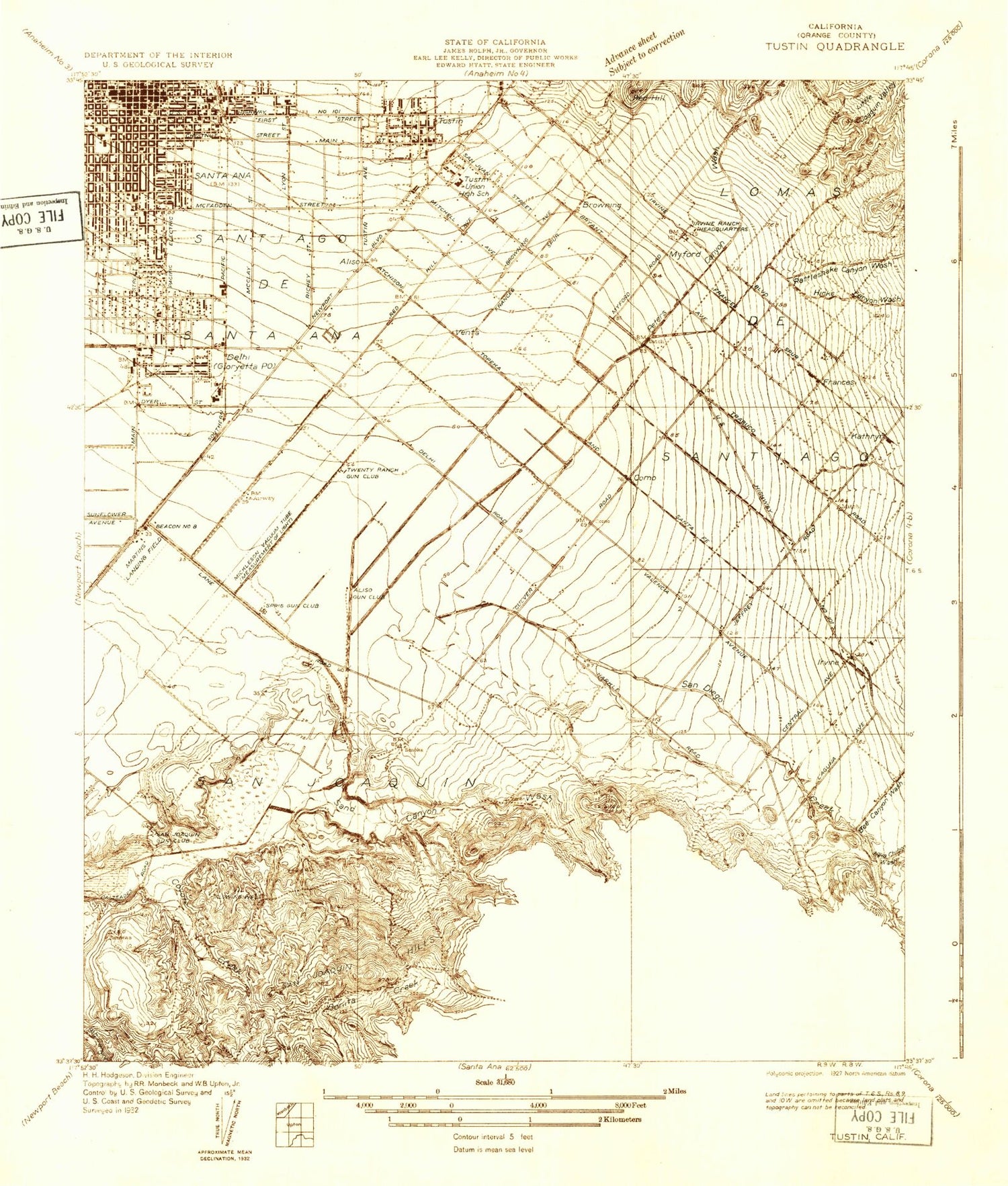Classic USGS Tustin California 7.5'x7.5' Topo Map Image